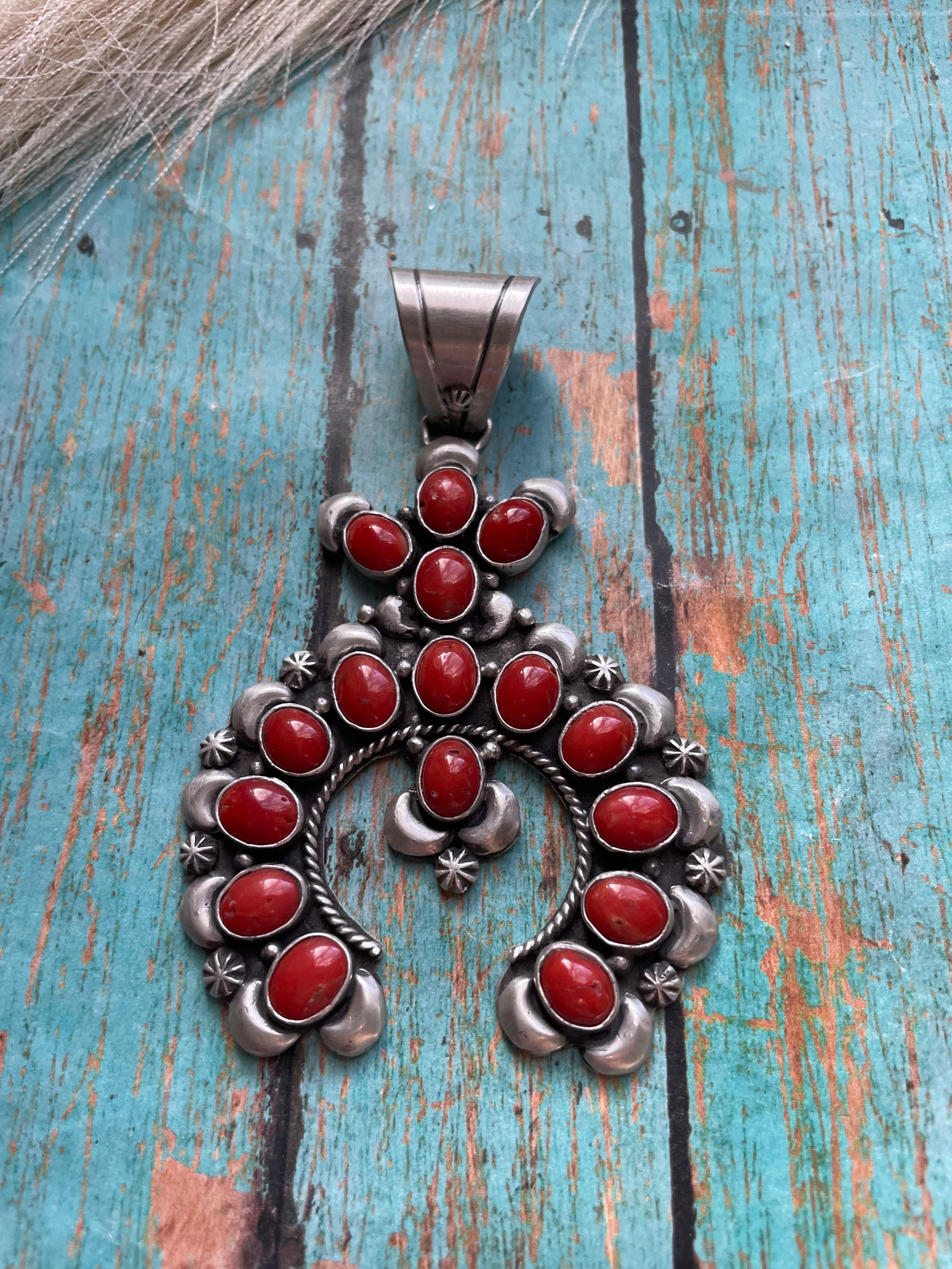 Handcrafted Natural Coral & Sterling Silver Naja Pendant Signed P Yazzie’s