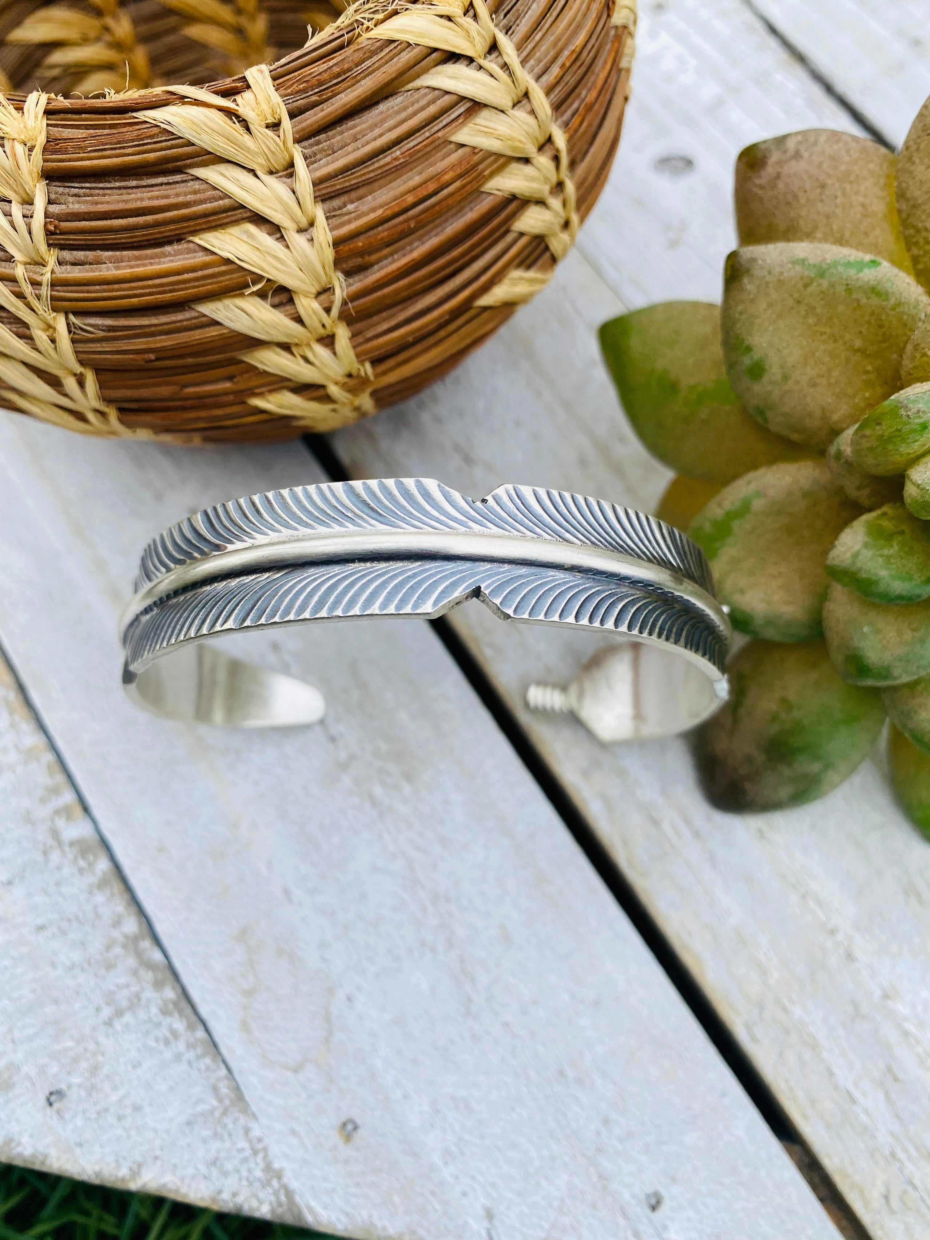 Handcrafted Sterling Silver Hand Crafted Feather Cuff Bracelet