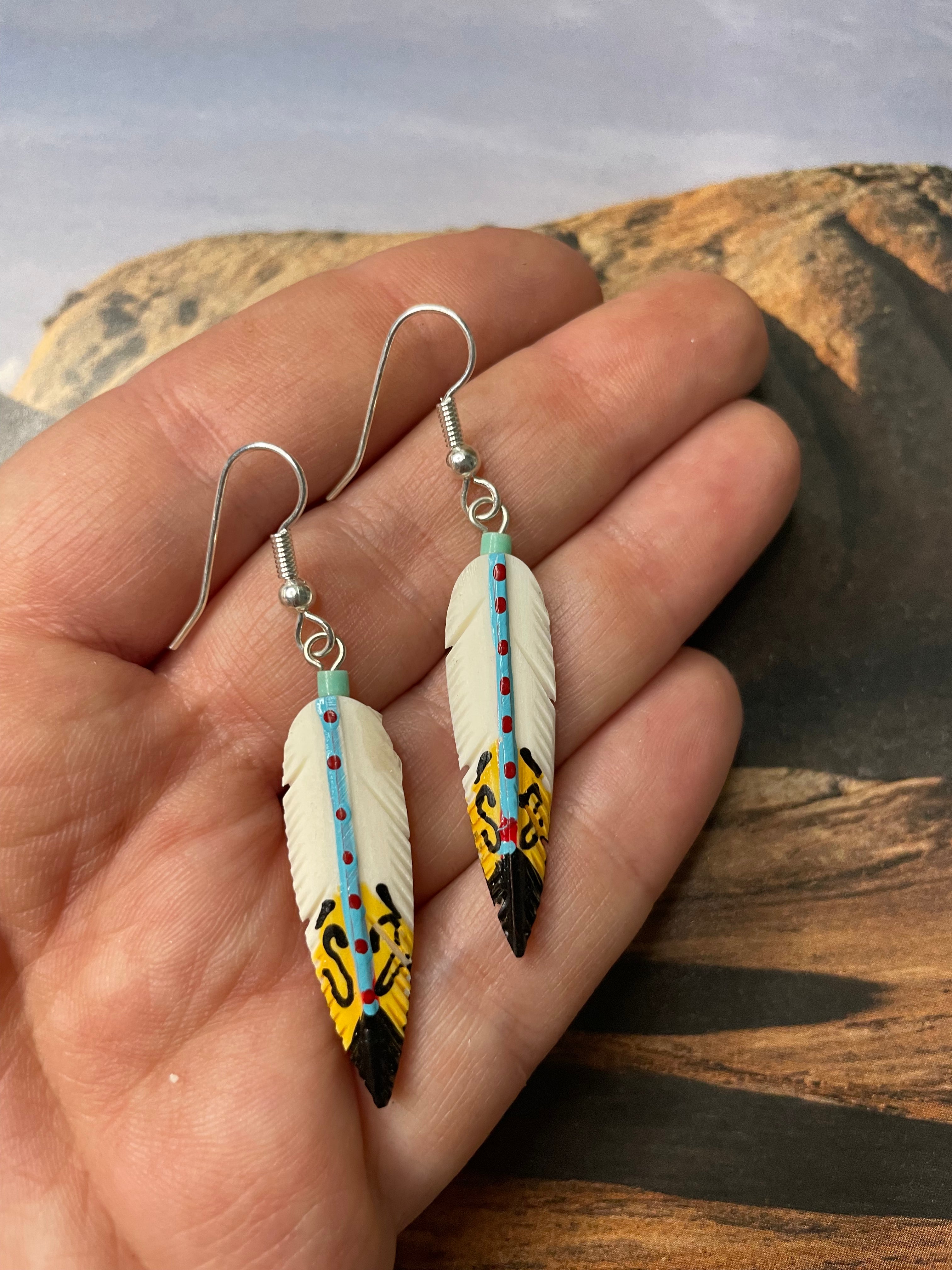 Handcrafted Feather Turquoise Sterling Silver Dangle Earrings