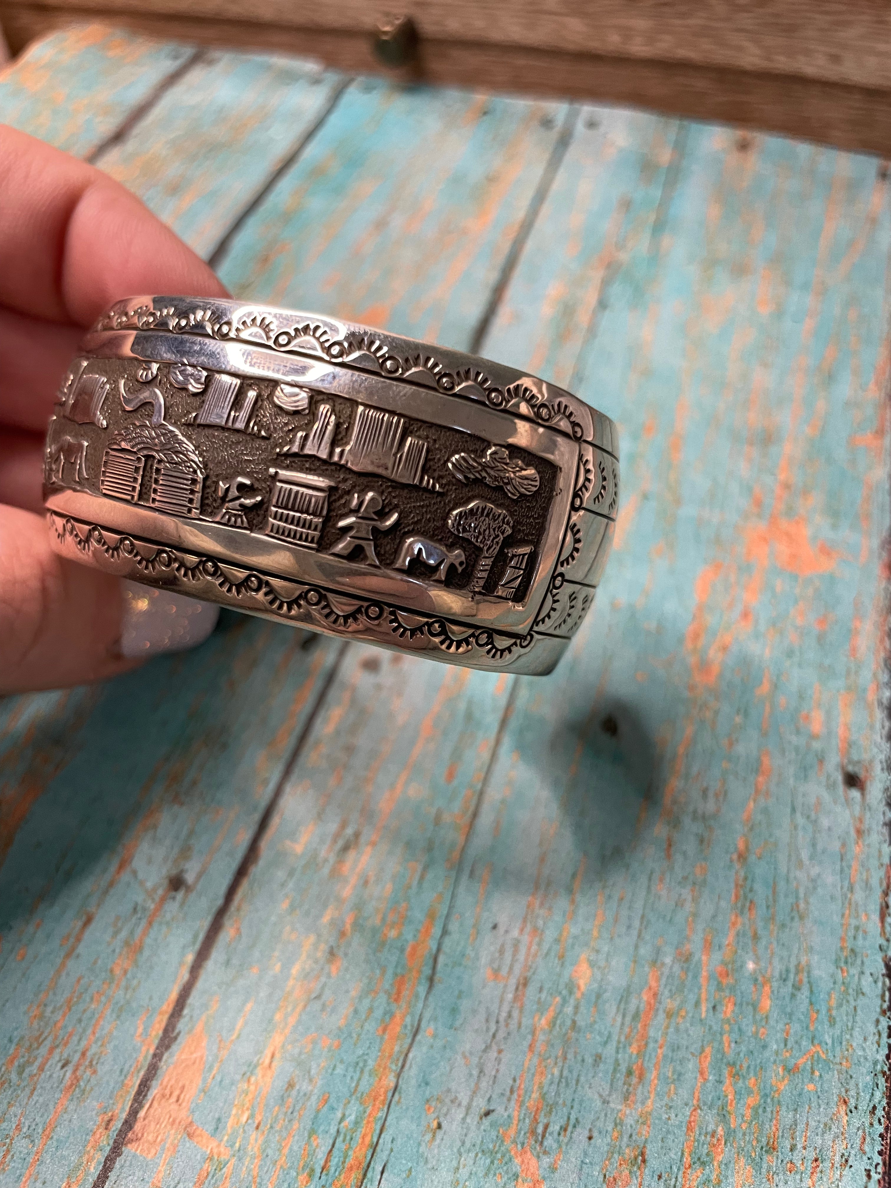 Navajo Hand Stamped Sterling Silver Cuff Bracelet Signed