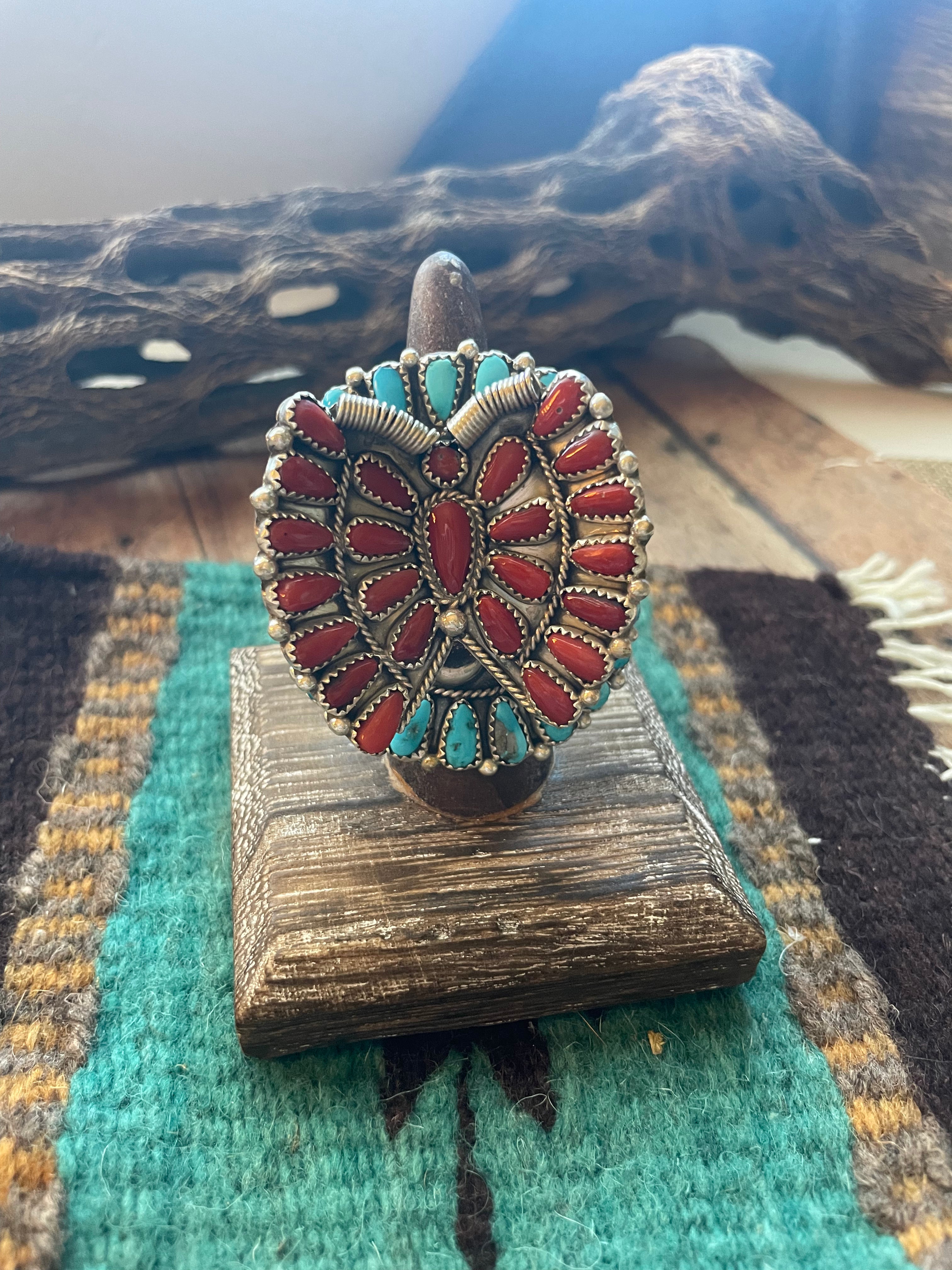 Handcrafted Natural Coral, Kingman Turquoise And Sterling Silver Adjustable Butterfly Ring Signed Janie Wilson