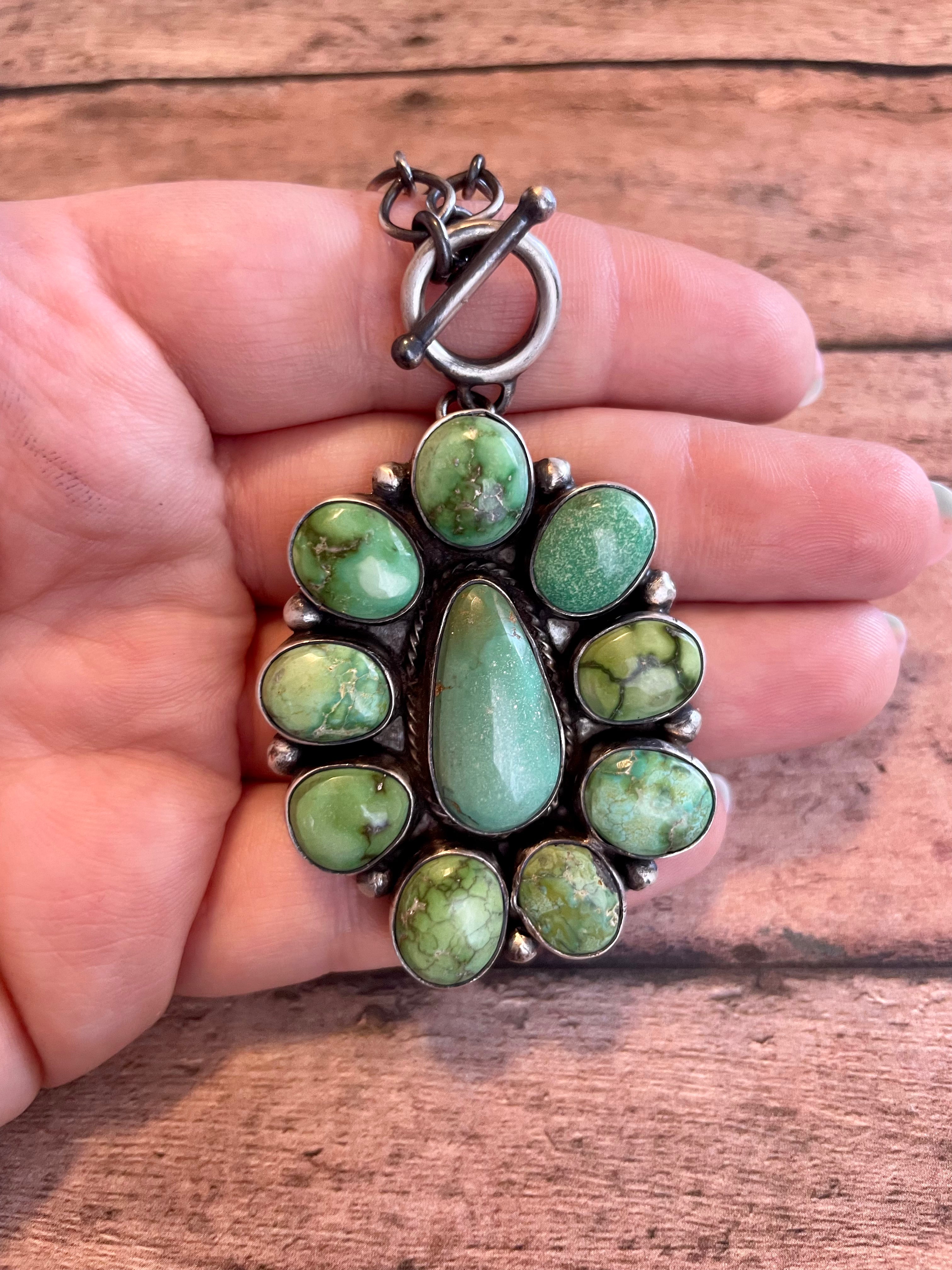 Handcrafted Sterling Silver & Carico Lake Turquoise Cluster Necklace