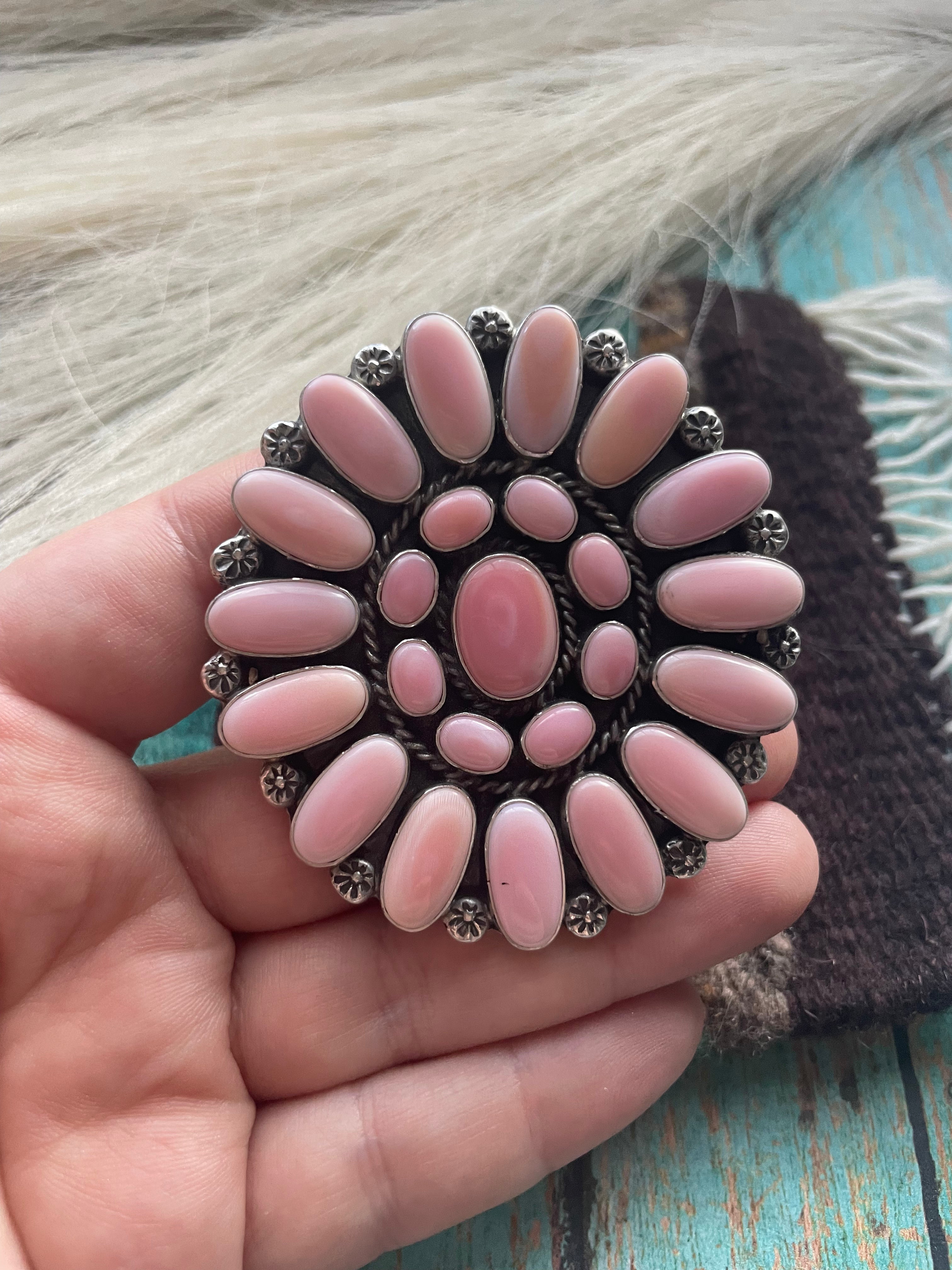 Handcrafted Sterling and Queen Pink Conch Shell Adjustable Statement Ring Signed C Yazzie