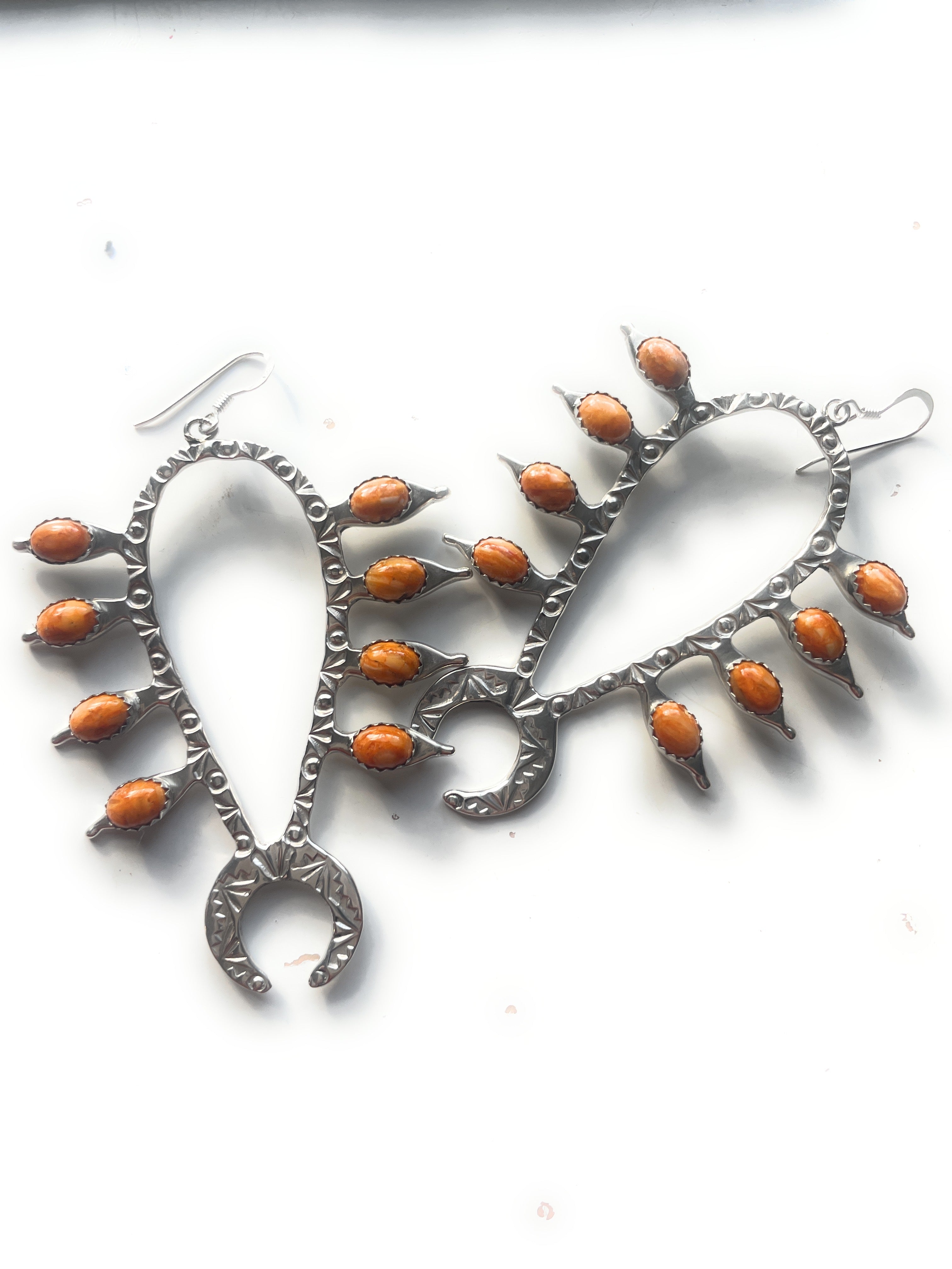 Navajo Sterling Silver & Orange Spiny Squash Blossom Dangle Earrings Signed