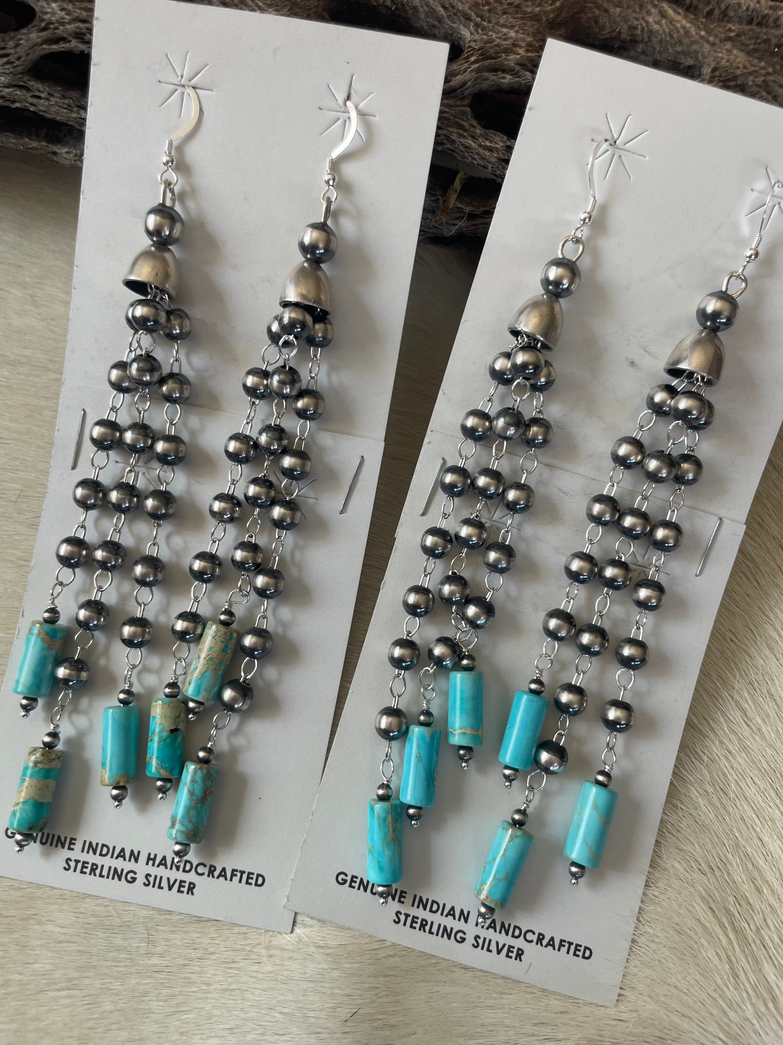 Pearl Sterling Silver Hand Made Turquoise Dangle Earrings