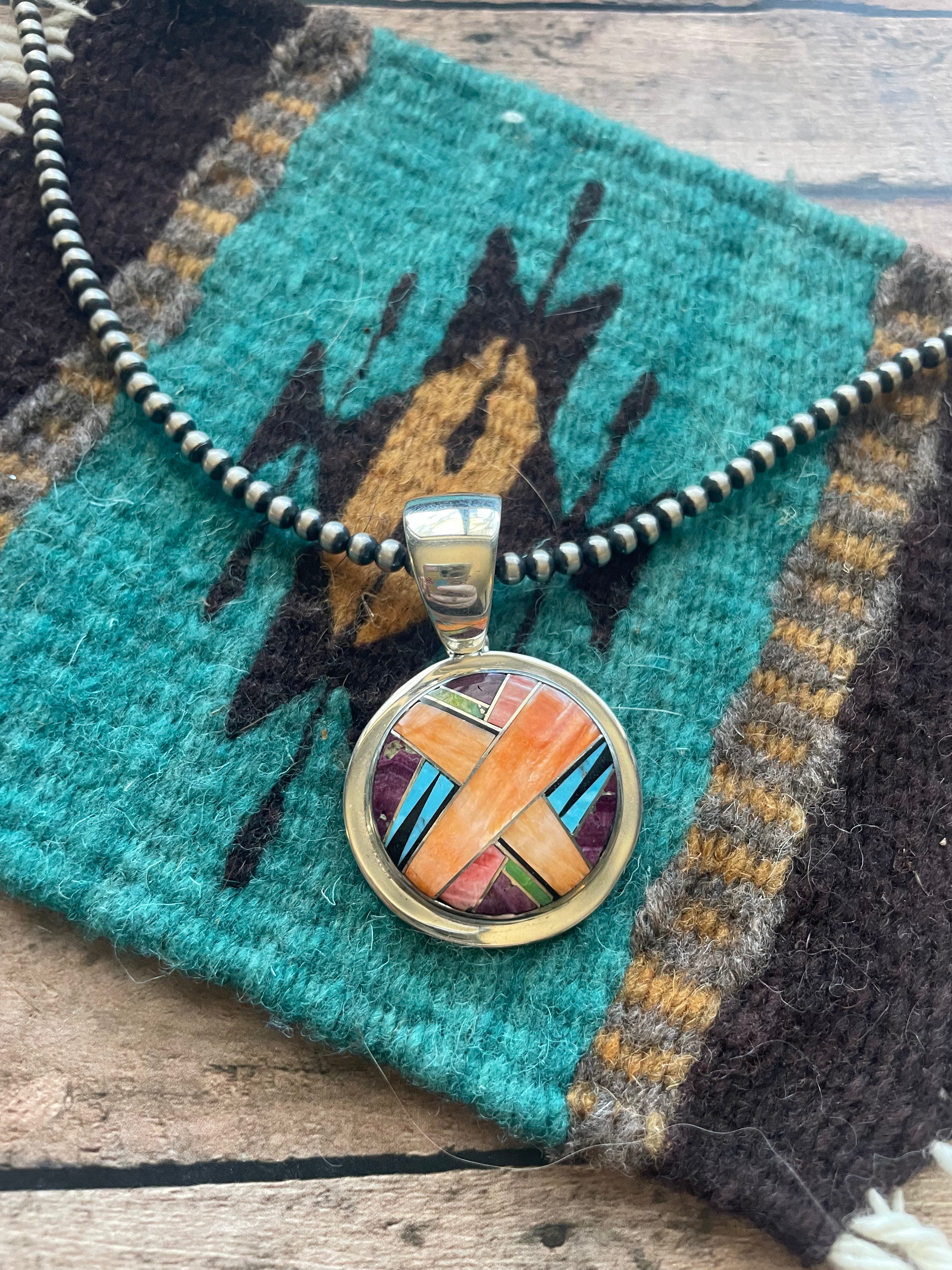 Handcrafted Multi Stone Inlay & Sterling Silver Circle Pendant