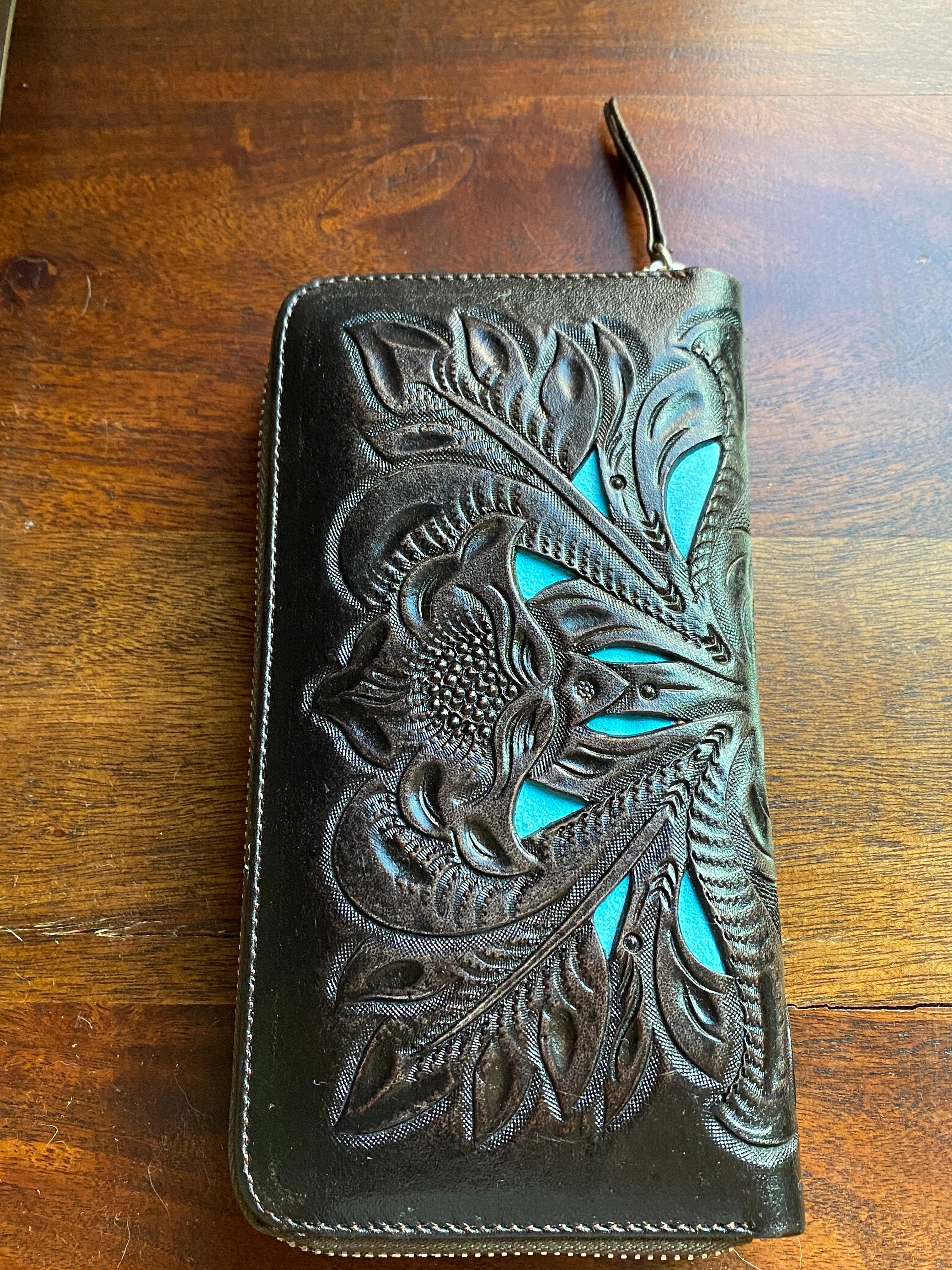 Tooled Leather Wallet Chocolate & Turquoise