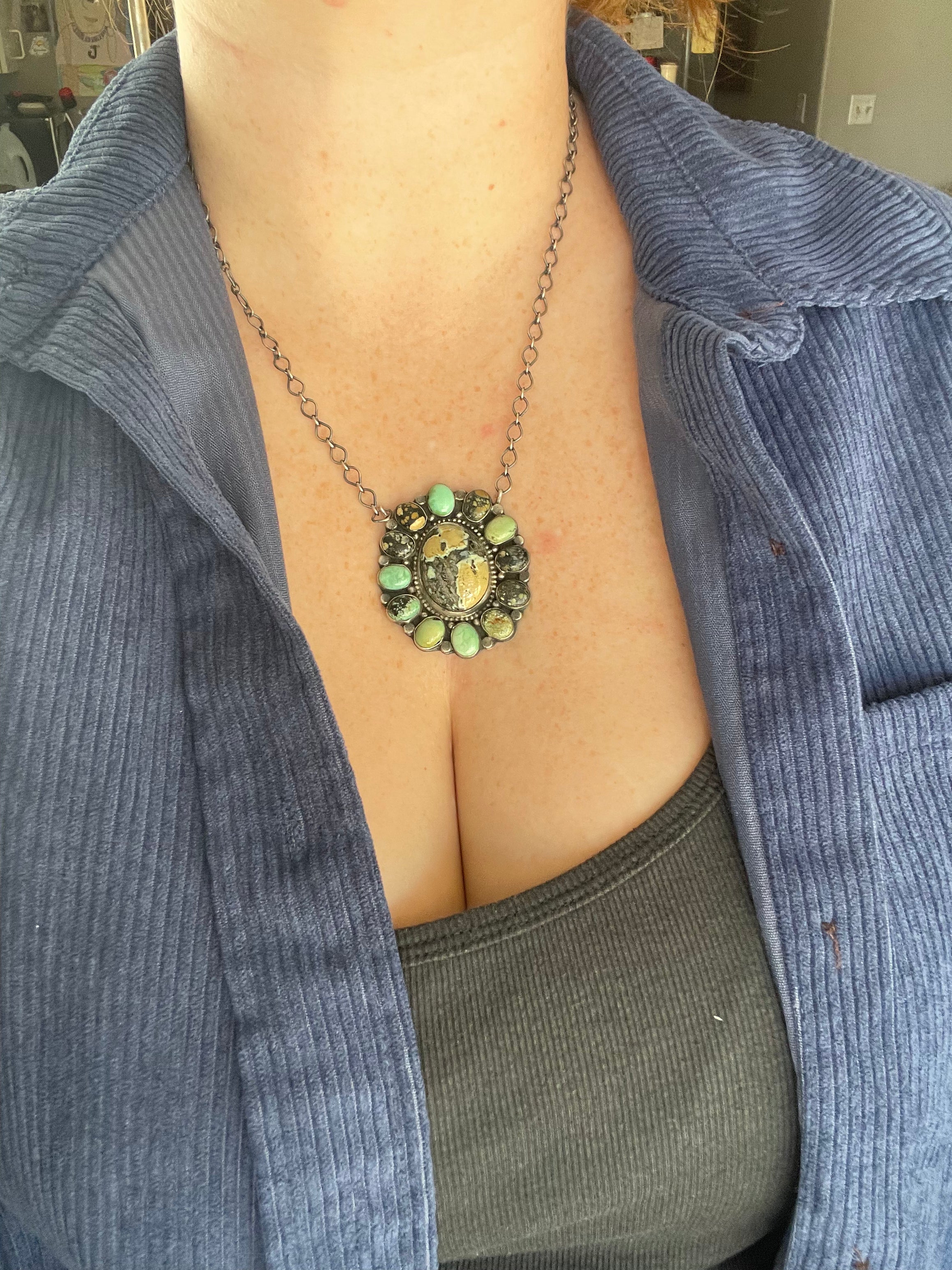 Navajo Royston & Carico Turquoise & Sterling Silver Cluster Necklace by Sheila Becenti