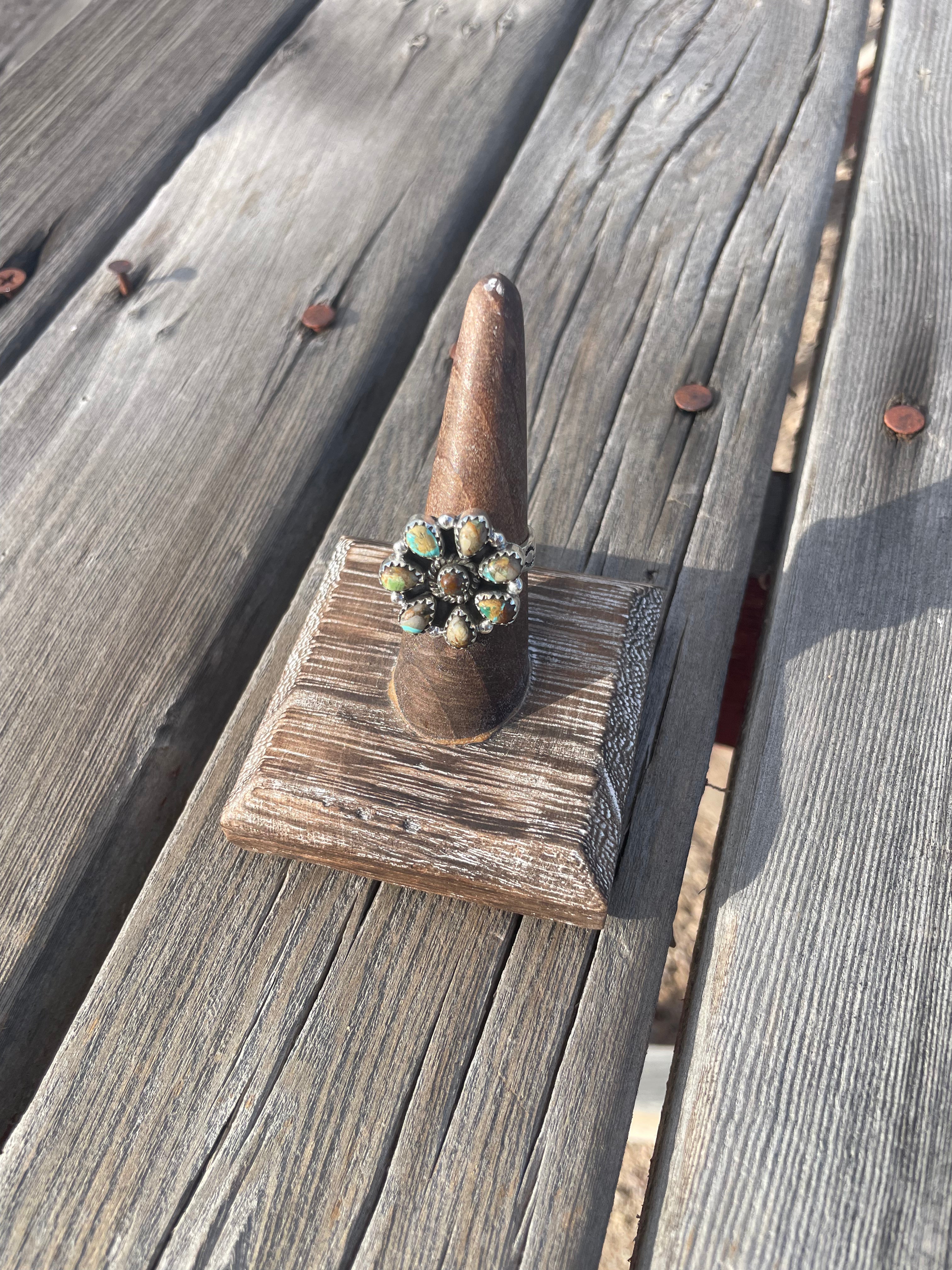 Handmade Sterling Silver And Turquoise Cluster Adjustable Ring Signed Nizhoni 7/8”