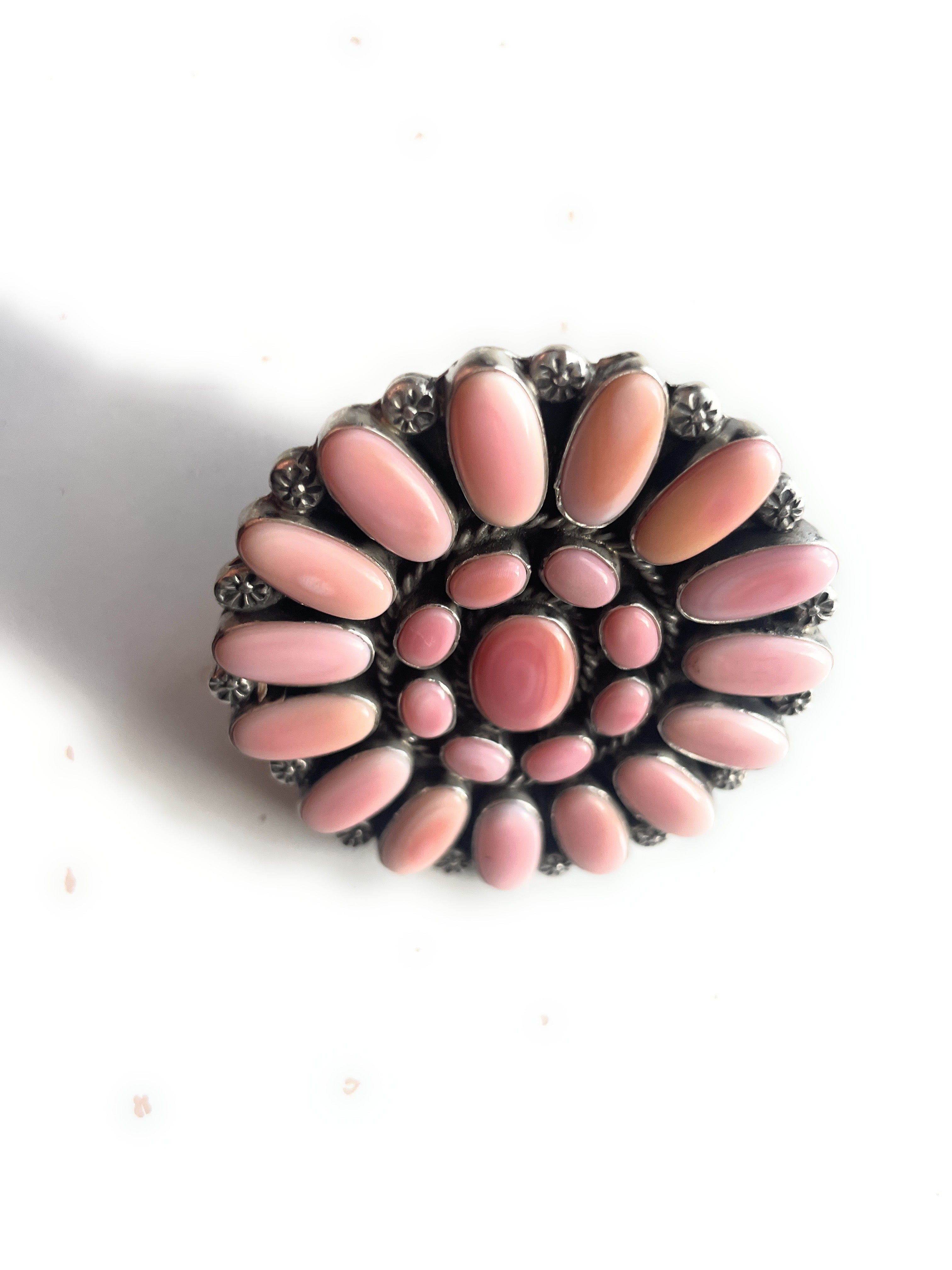 Handcrafted Sterling and Queen Pink Conch Shell Adjustable Statement Ring Signed C Yazzie