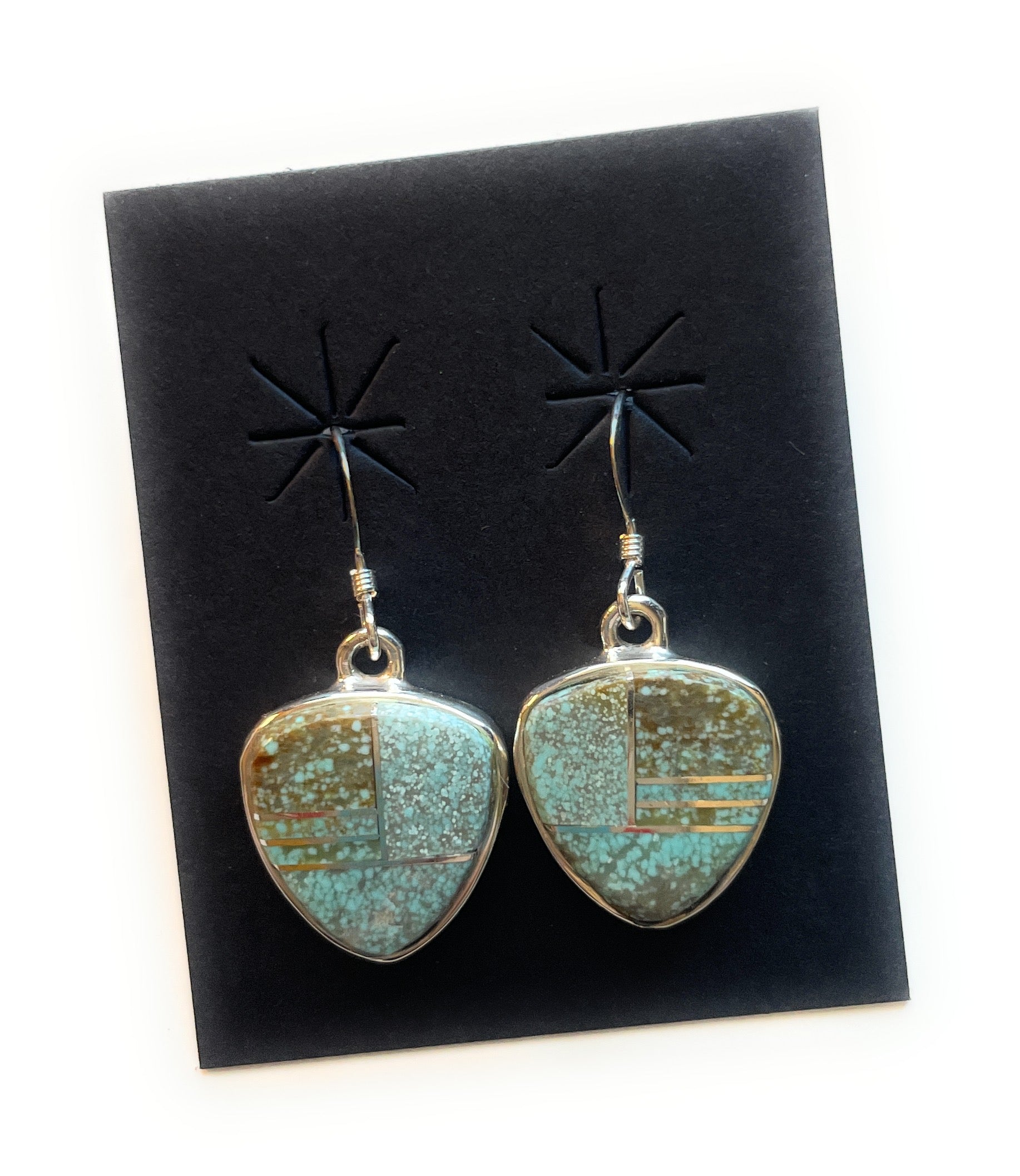 Navajo Number 8 Turquoise & Sterling Silver Inlay Dangle Earrings Signed
