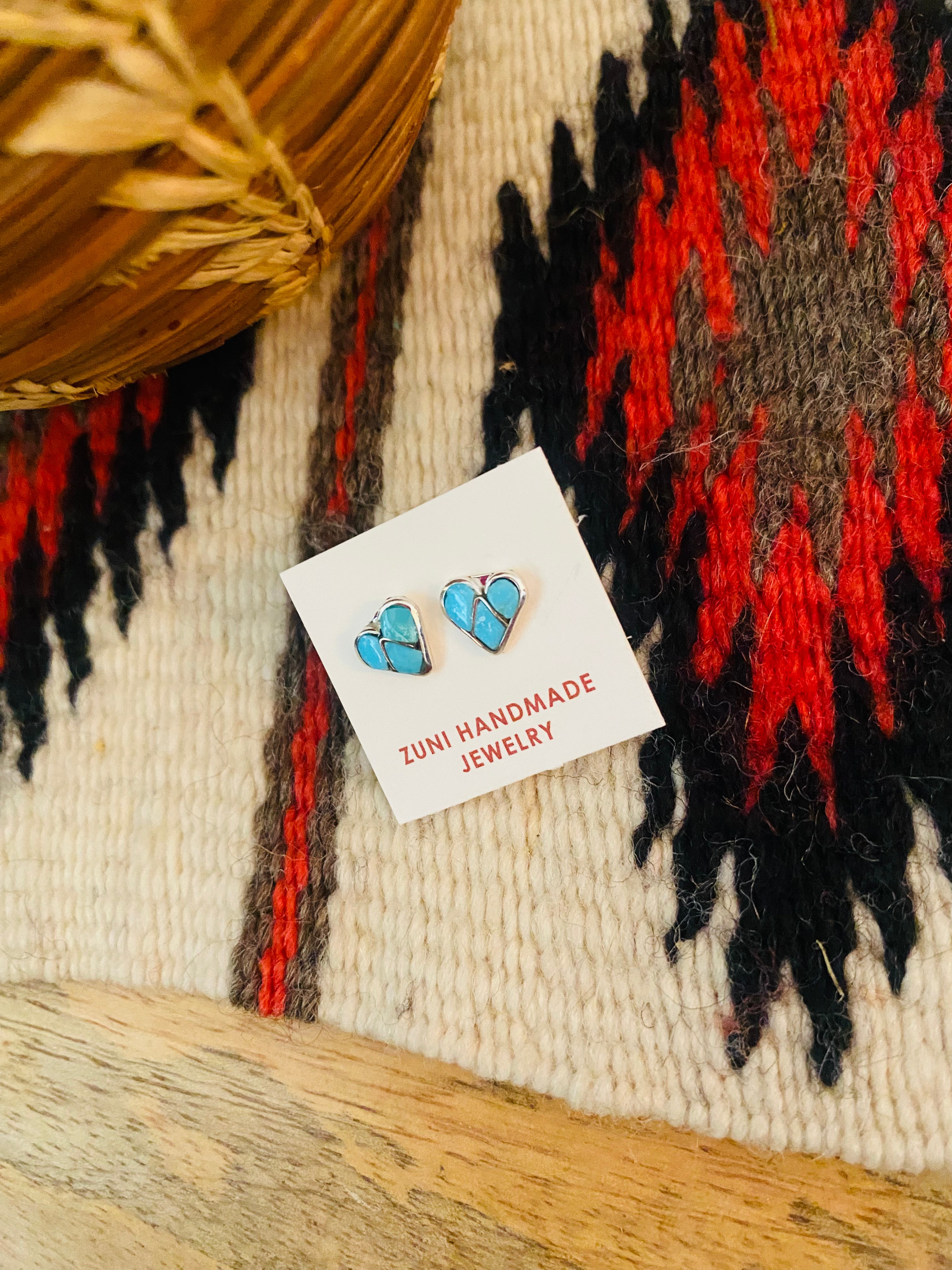 Handcrafted Sterling Silver & Turquoise Inlay Stud Heart Earrings