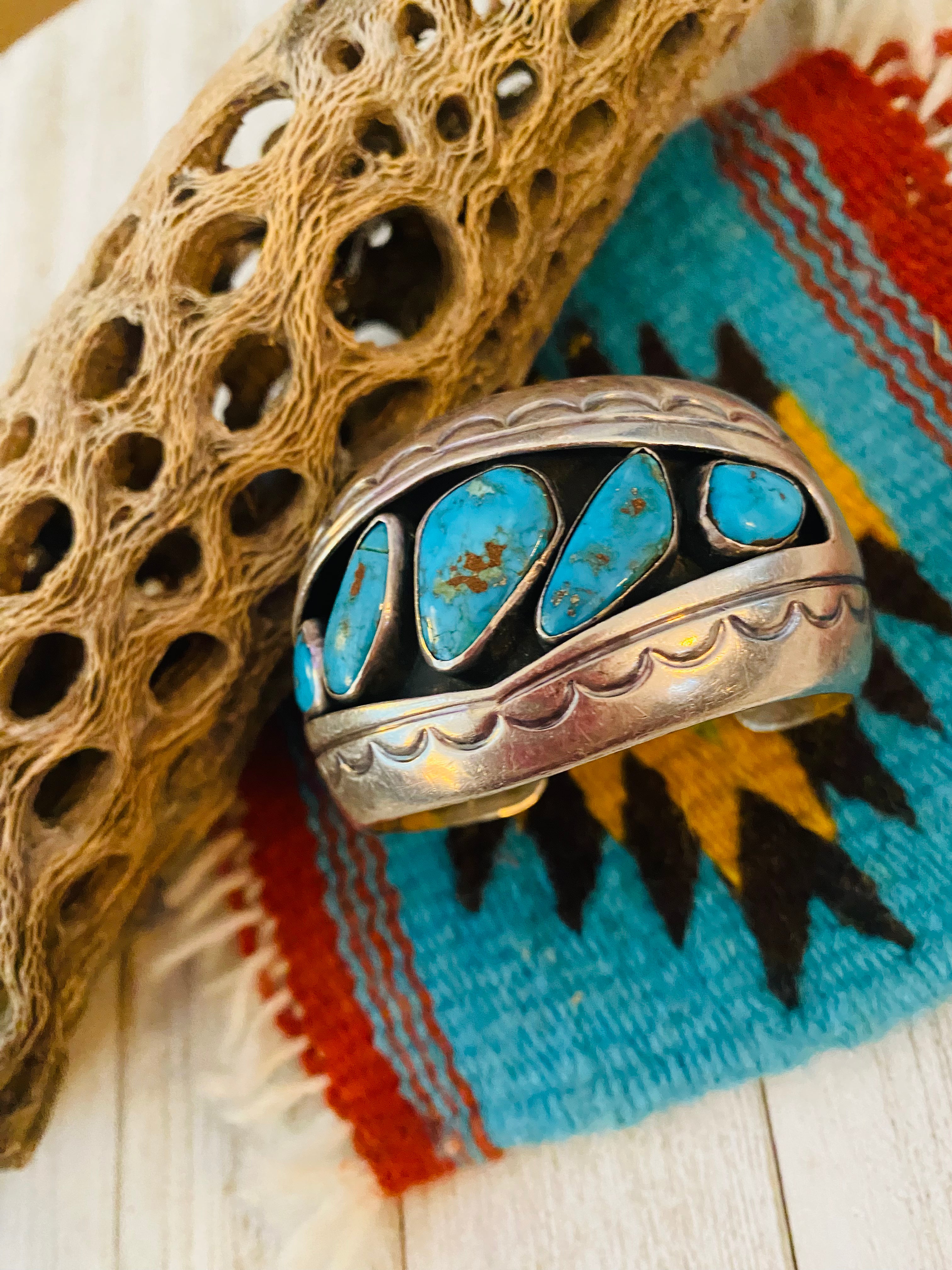 Navajo Old Pawn Vintage Turquoise & Sterling Silver Cuff Bracelet /