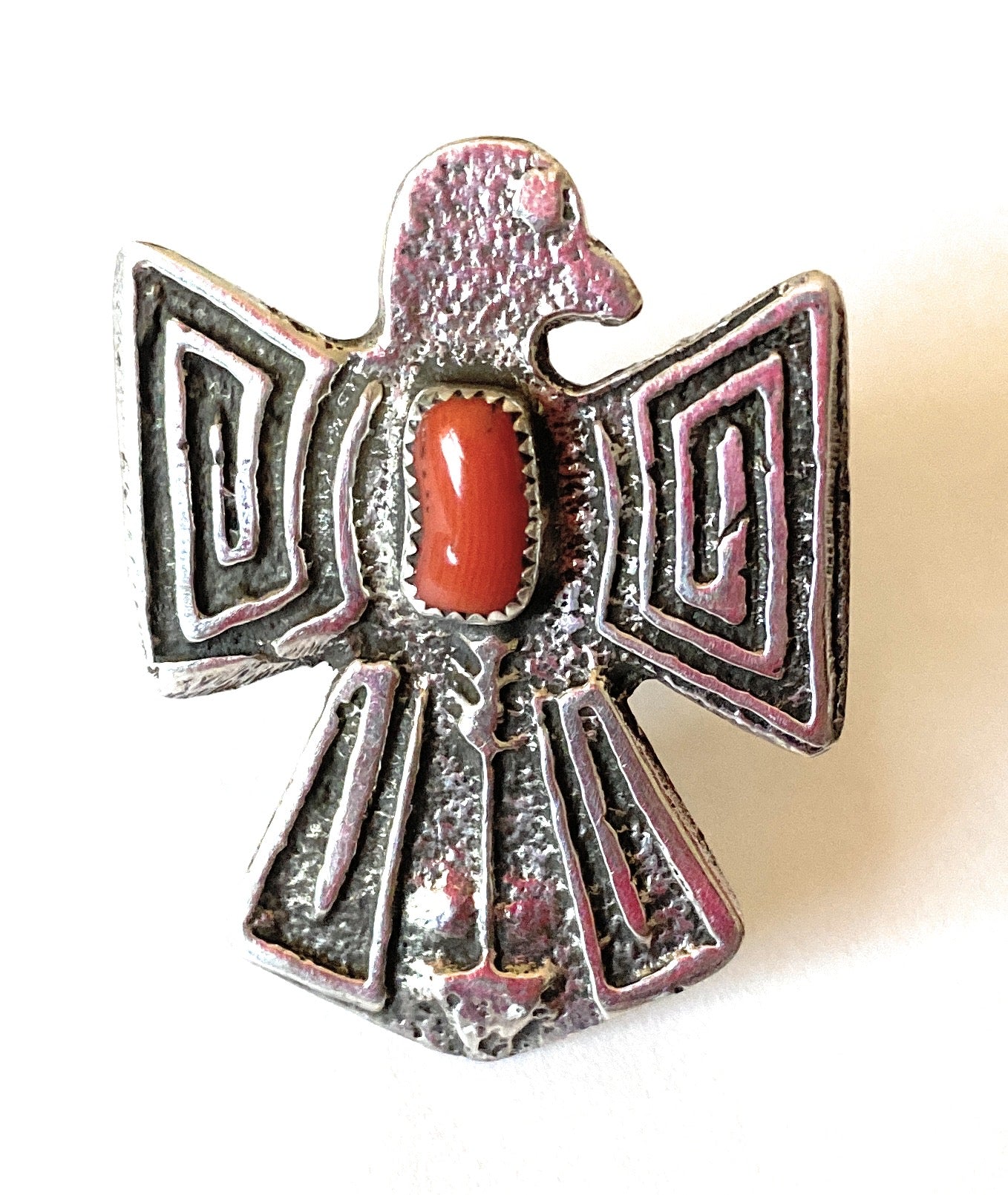 Handcrafted Sterling Silver & Coral Thunderbird Ring