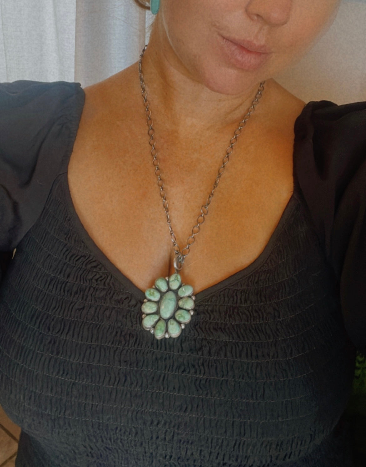 Handcrafted Sterling Silver & Carico Lake Turquoise Cluster Necklace