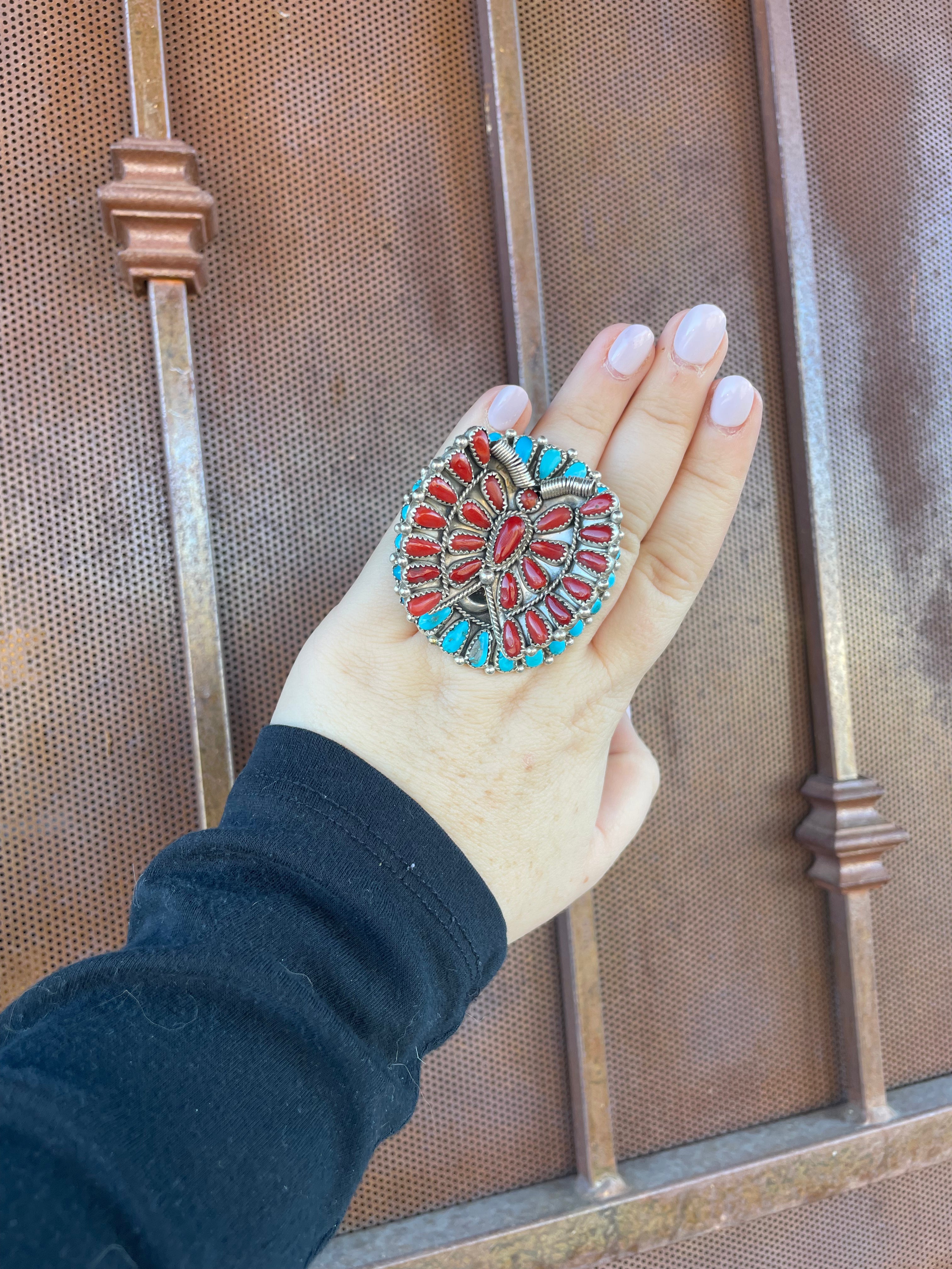 Handcrafted Natural Coral, Kingman Turquoise And Sterling Silver Adjustable Butterfly Ring Signed Janie Wilson