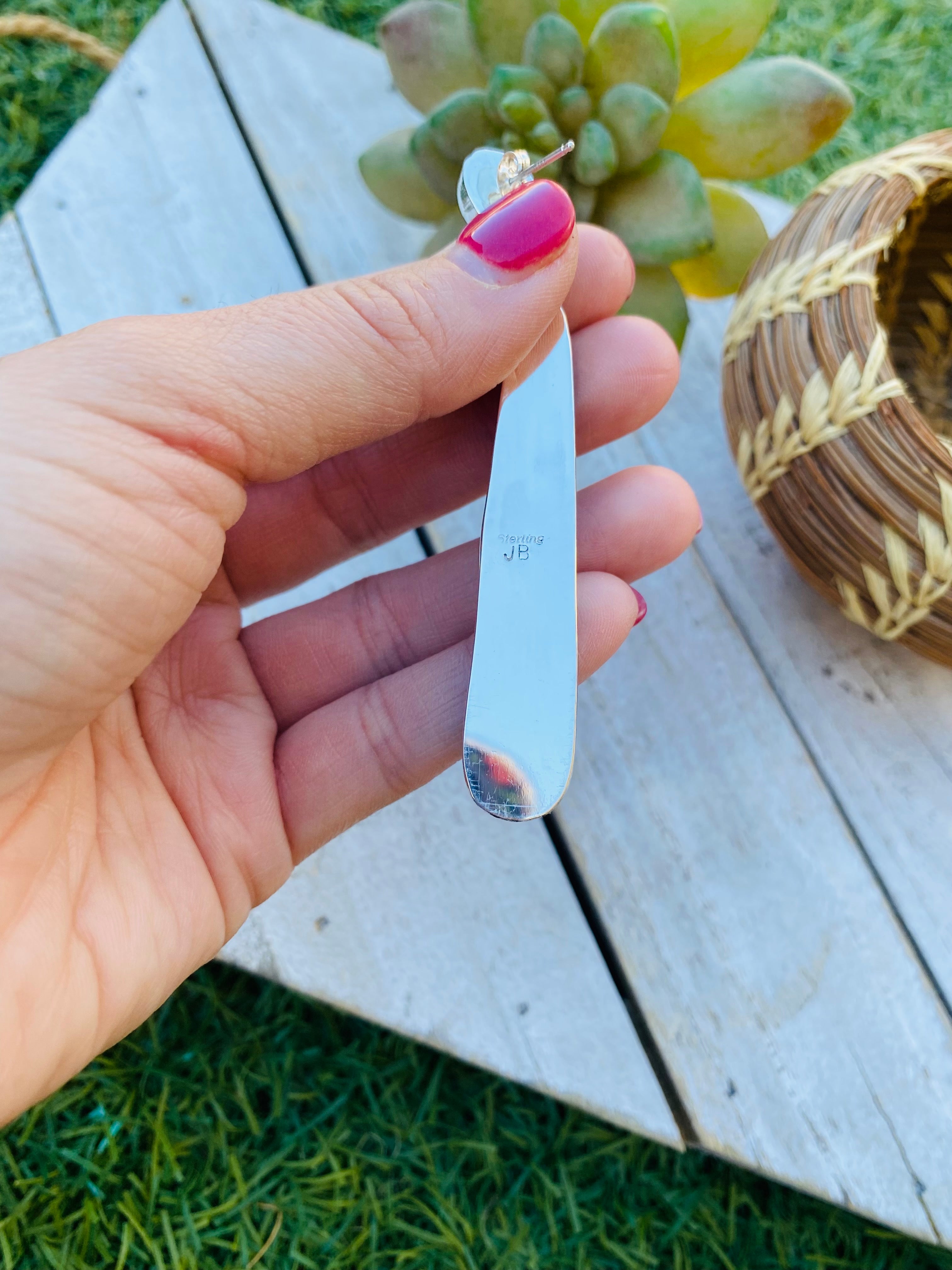 Handcrafted Sterling Silver, Turquoise & Orange Spiny Slab Dangle Earrings