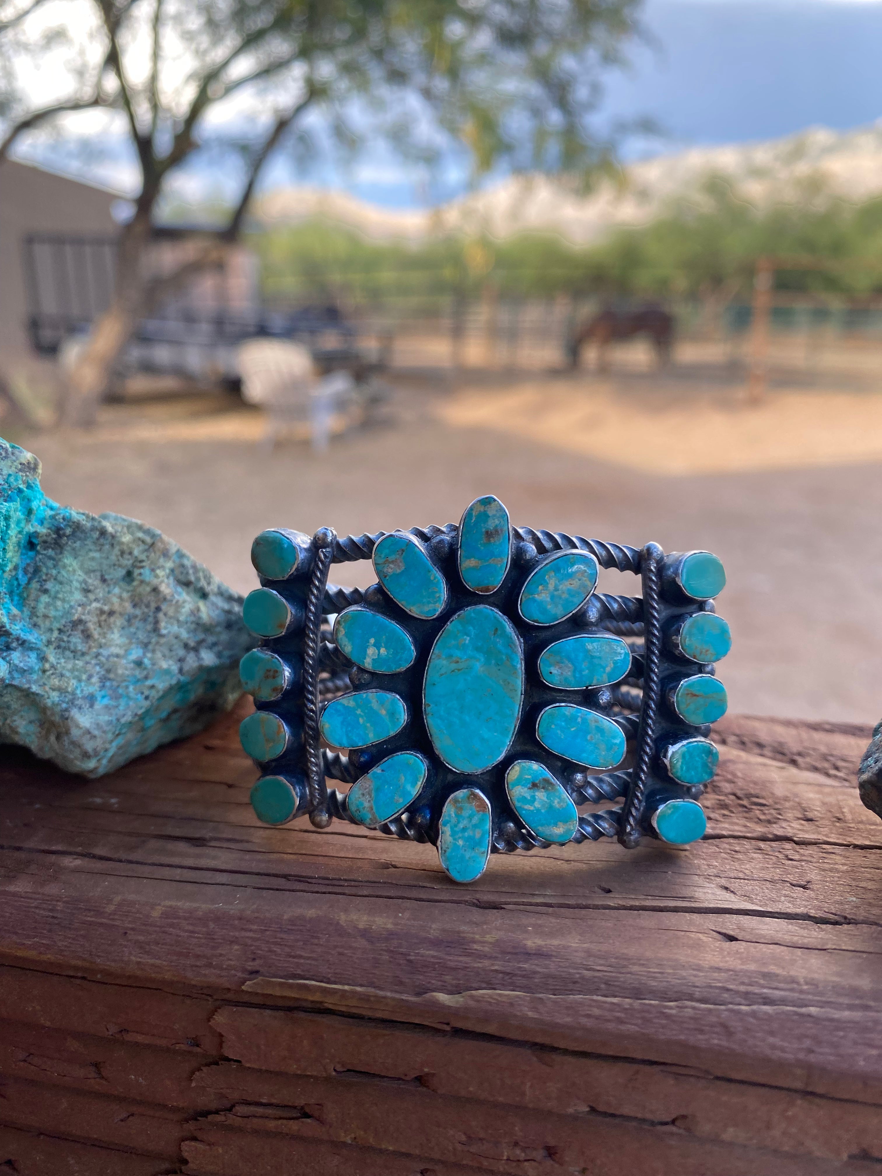 Navajo Jacqueline Silver Royston Turquoise & Sterling Cluster Cuff /
