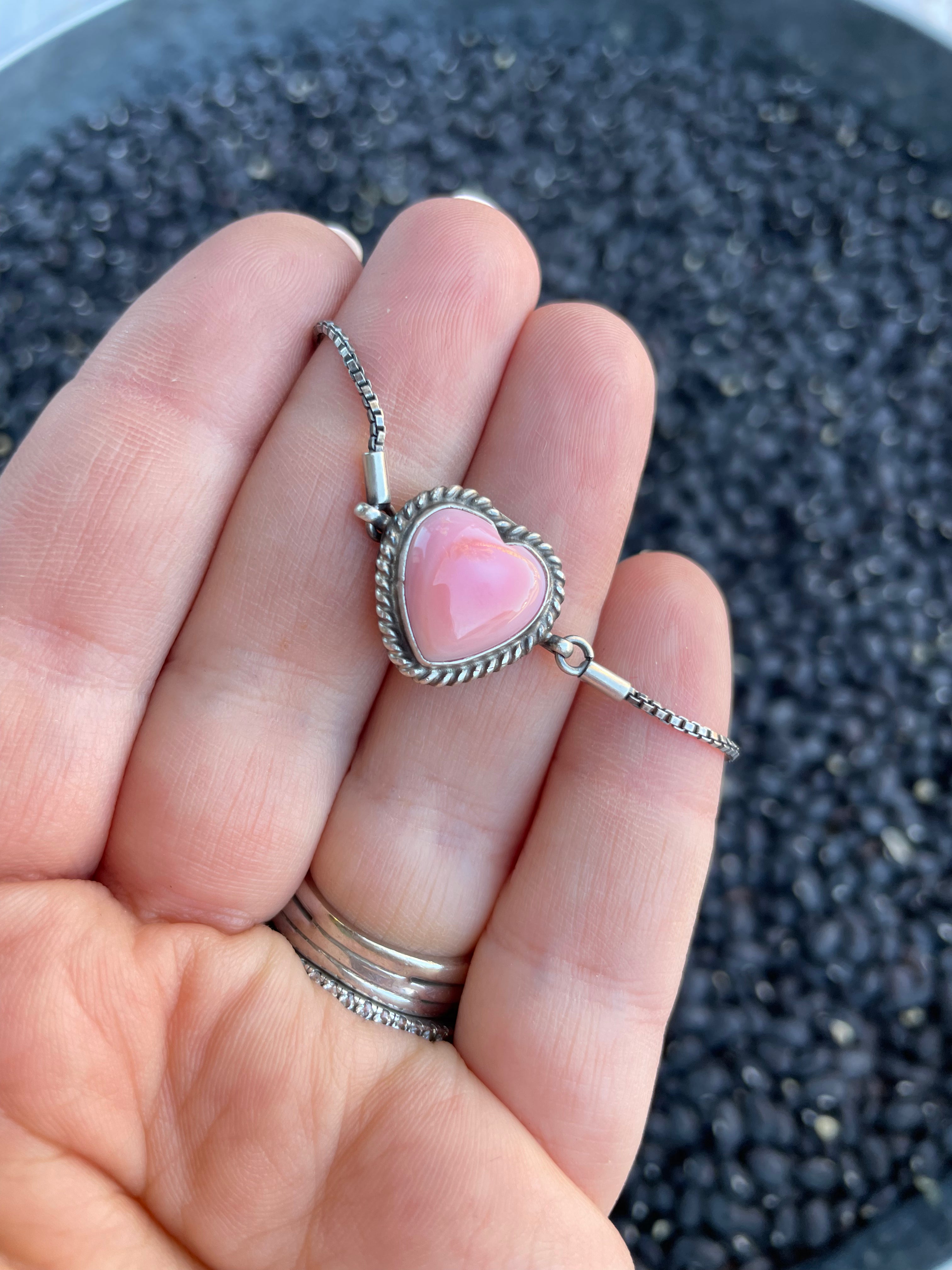 Queen Pink Conch Shell & Sterling Silver Heart Bracelet By P. Skeets