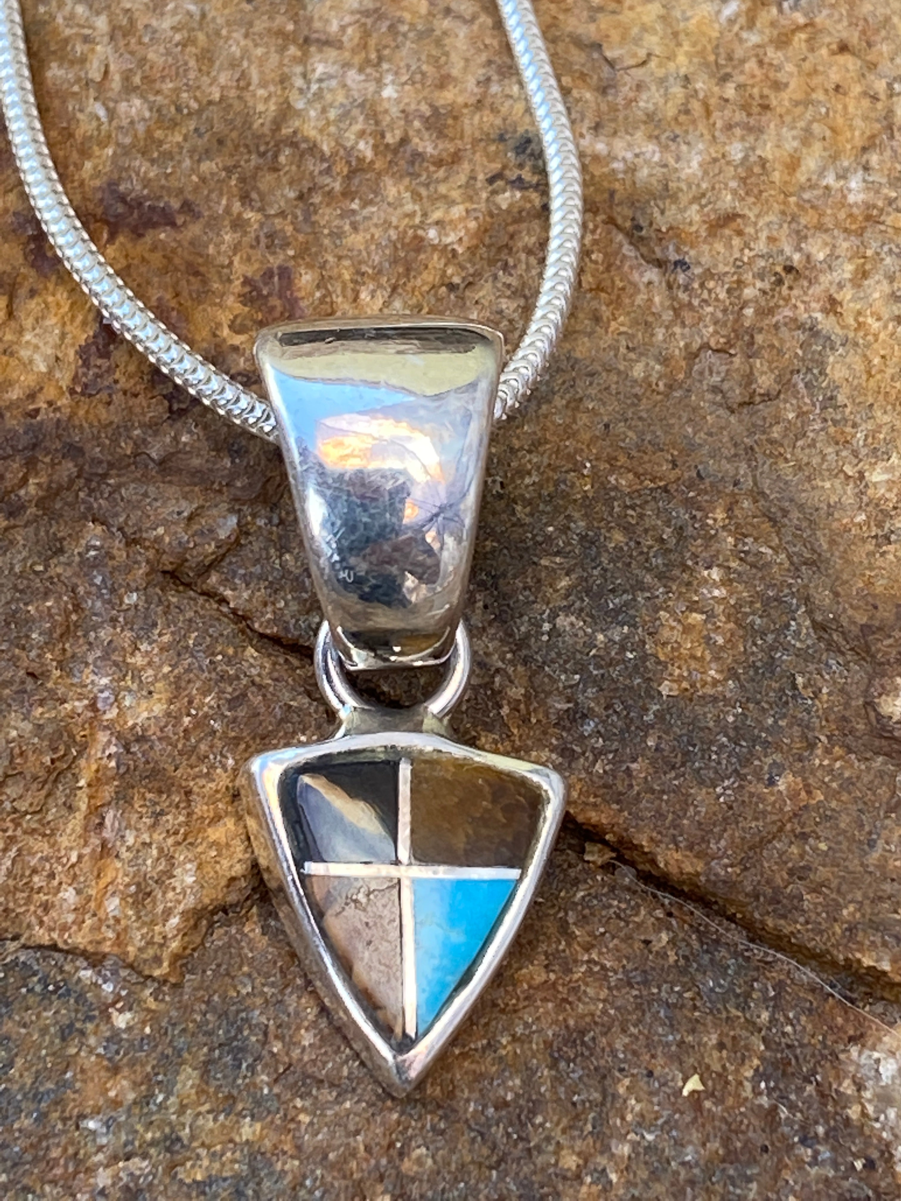 Handcrafted Turquoise, Onyx, Petrified Wood Triangle Pendant