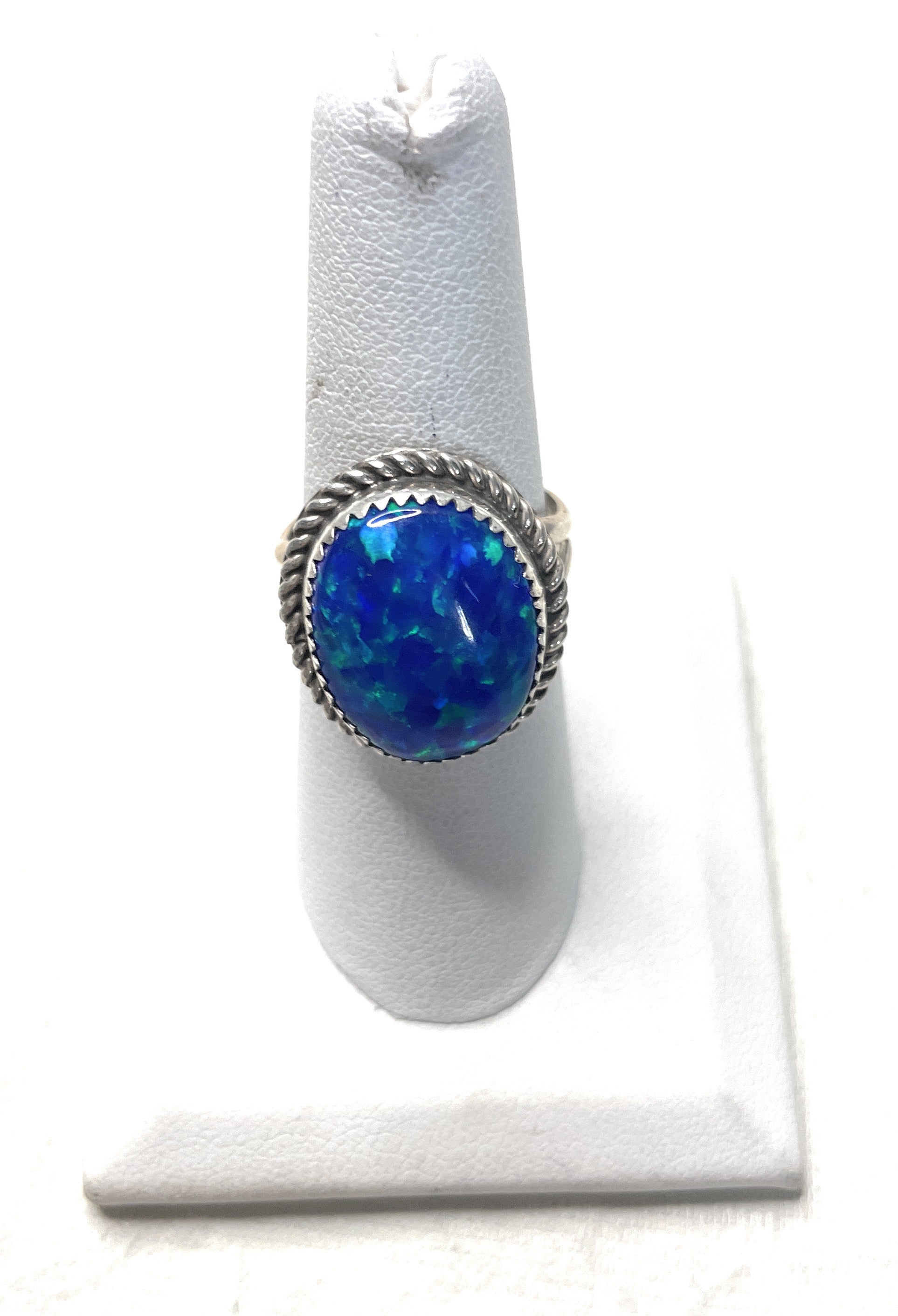 Handcrafted Man Made Sterling Silver & Blue Opal Ring Signed