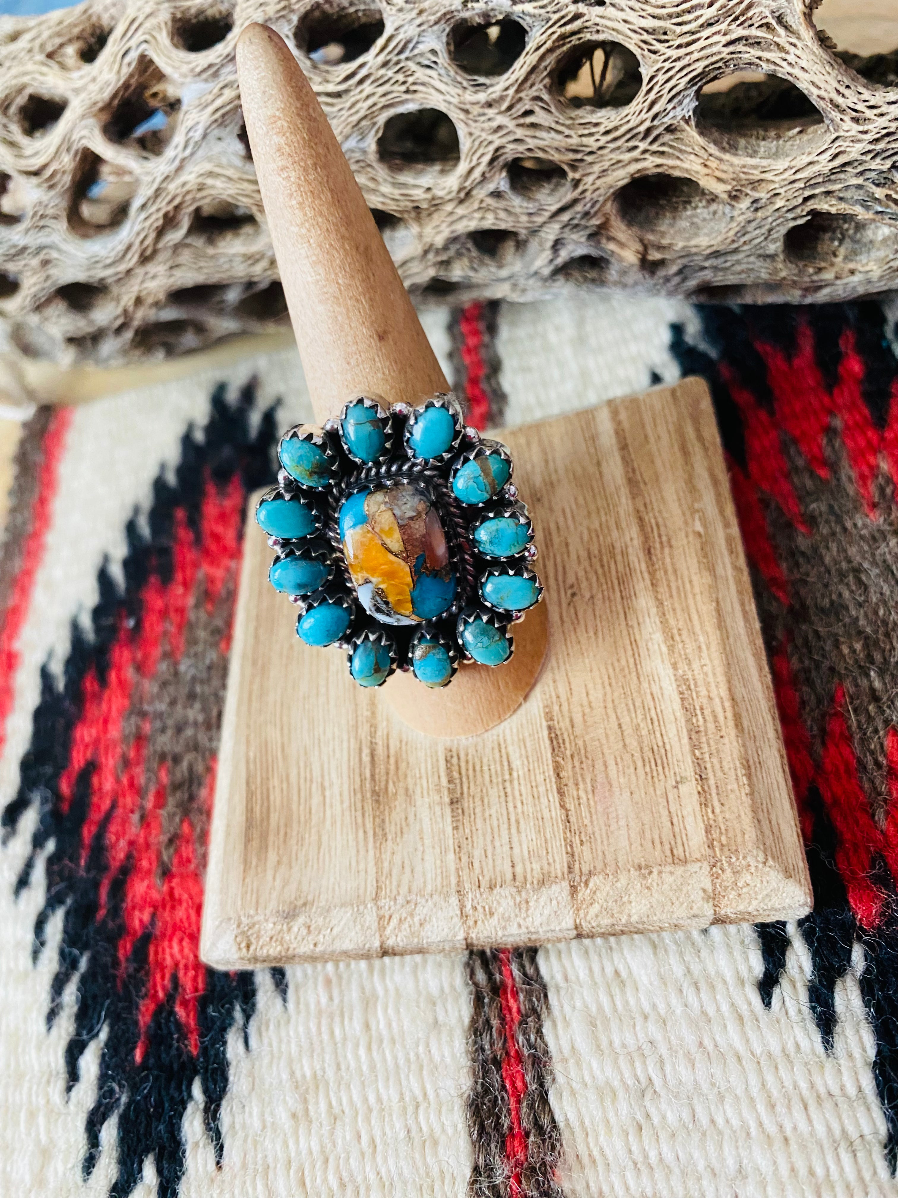 Handmade Sterling Silver, Spice & Turquoise Cluster Adjustable Ring