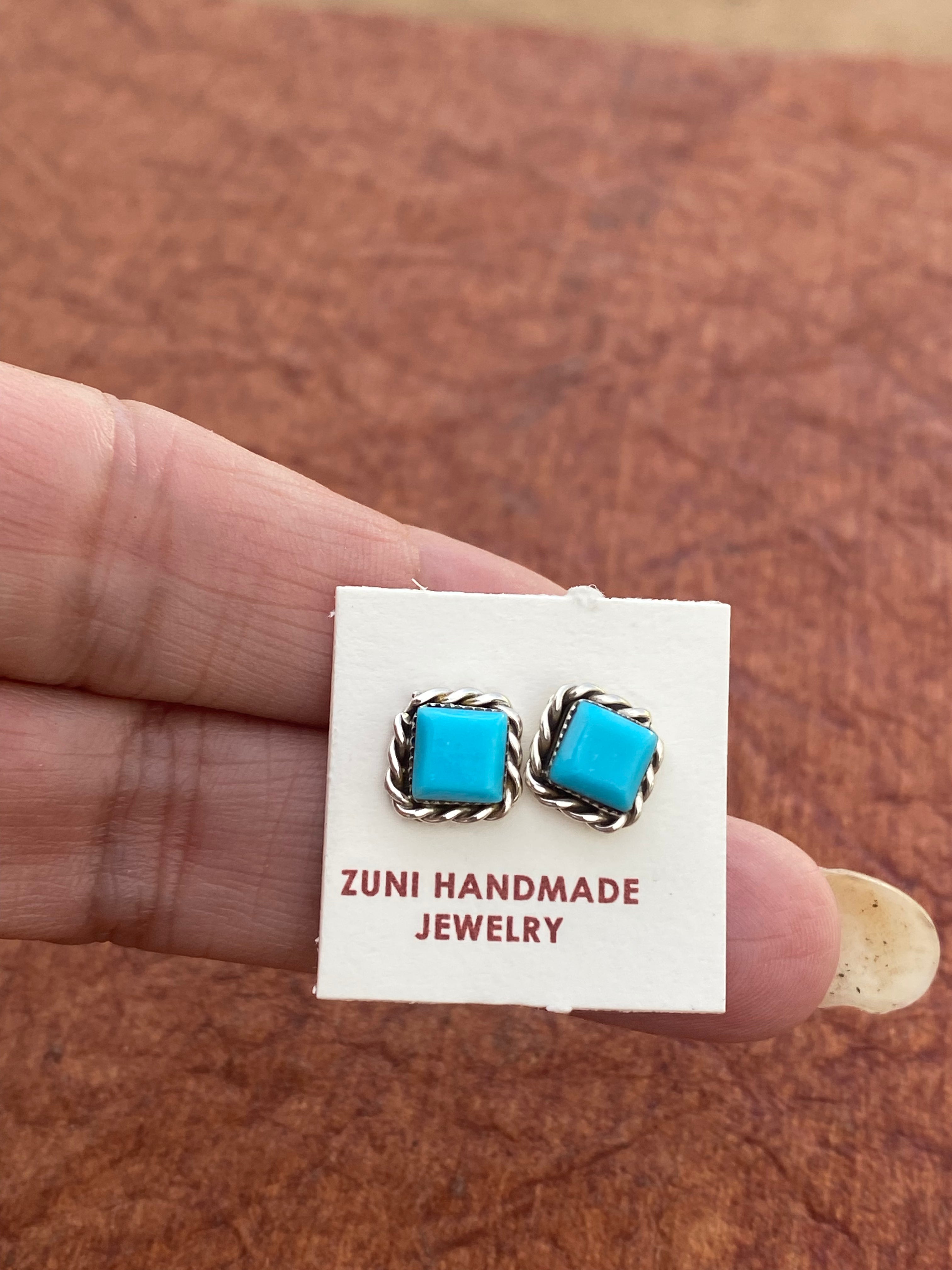 Handcrafted Sterling Silver Kingman Turquoise Square Stud Earrings