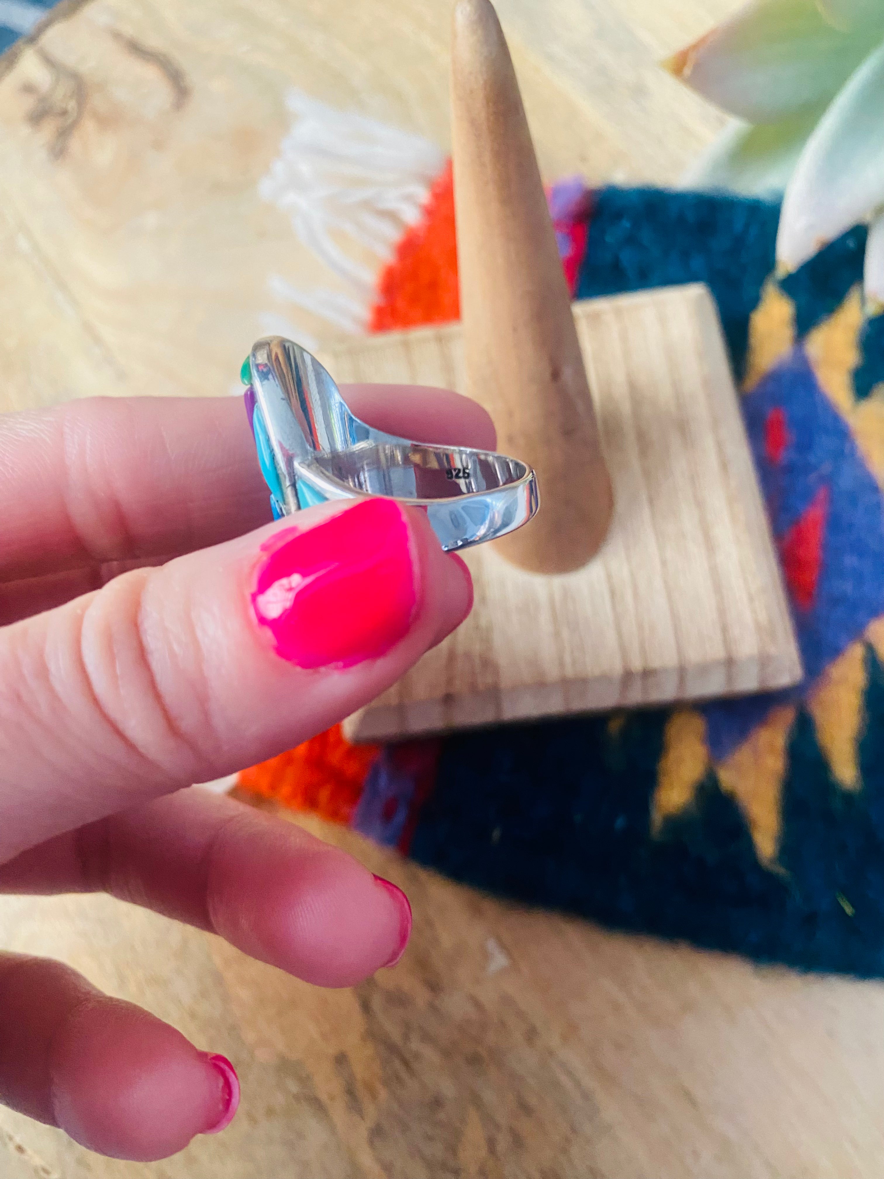 Handmade Sterling Silver & Multi Stone Inlay Ring Size 9.5