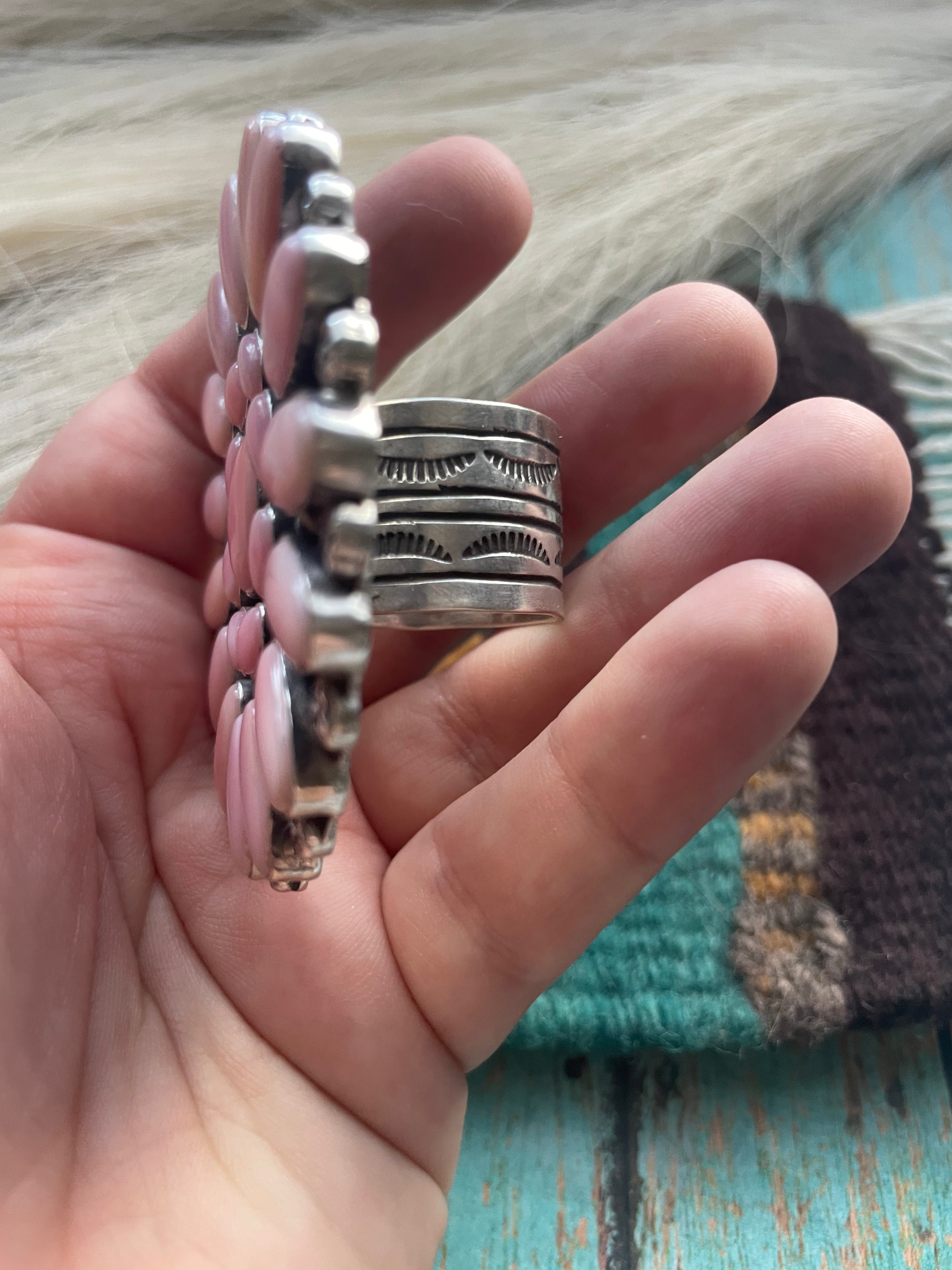 Handcrafted Sterling and Queen Pink Conch Shell Adjustable Statement Ring Signed C Yazzie