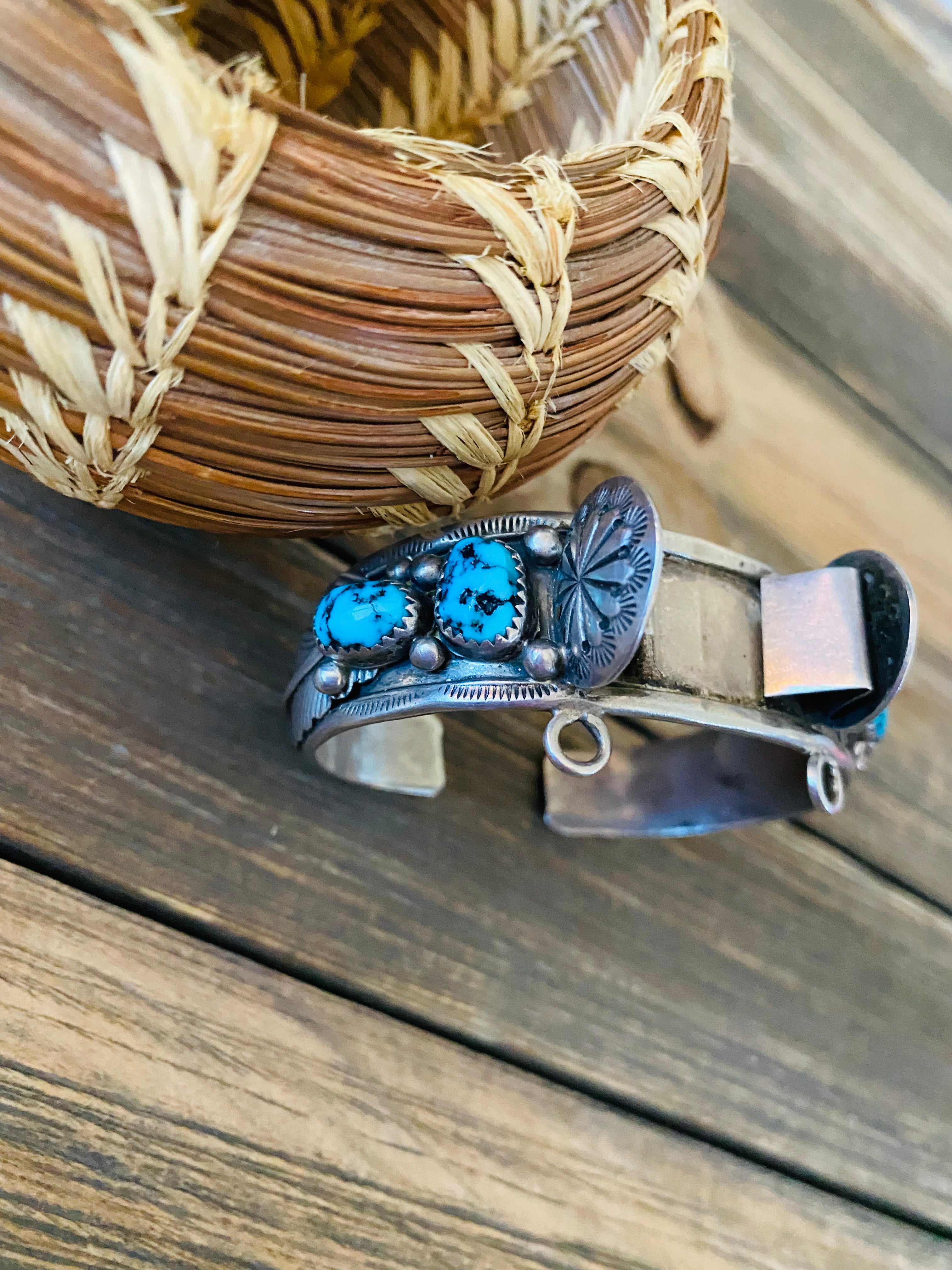 Old Pawn Vintage Navajo Turquoise & Sterling Silver Watch Cuff Signed