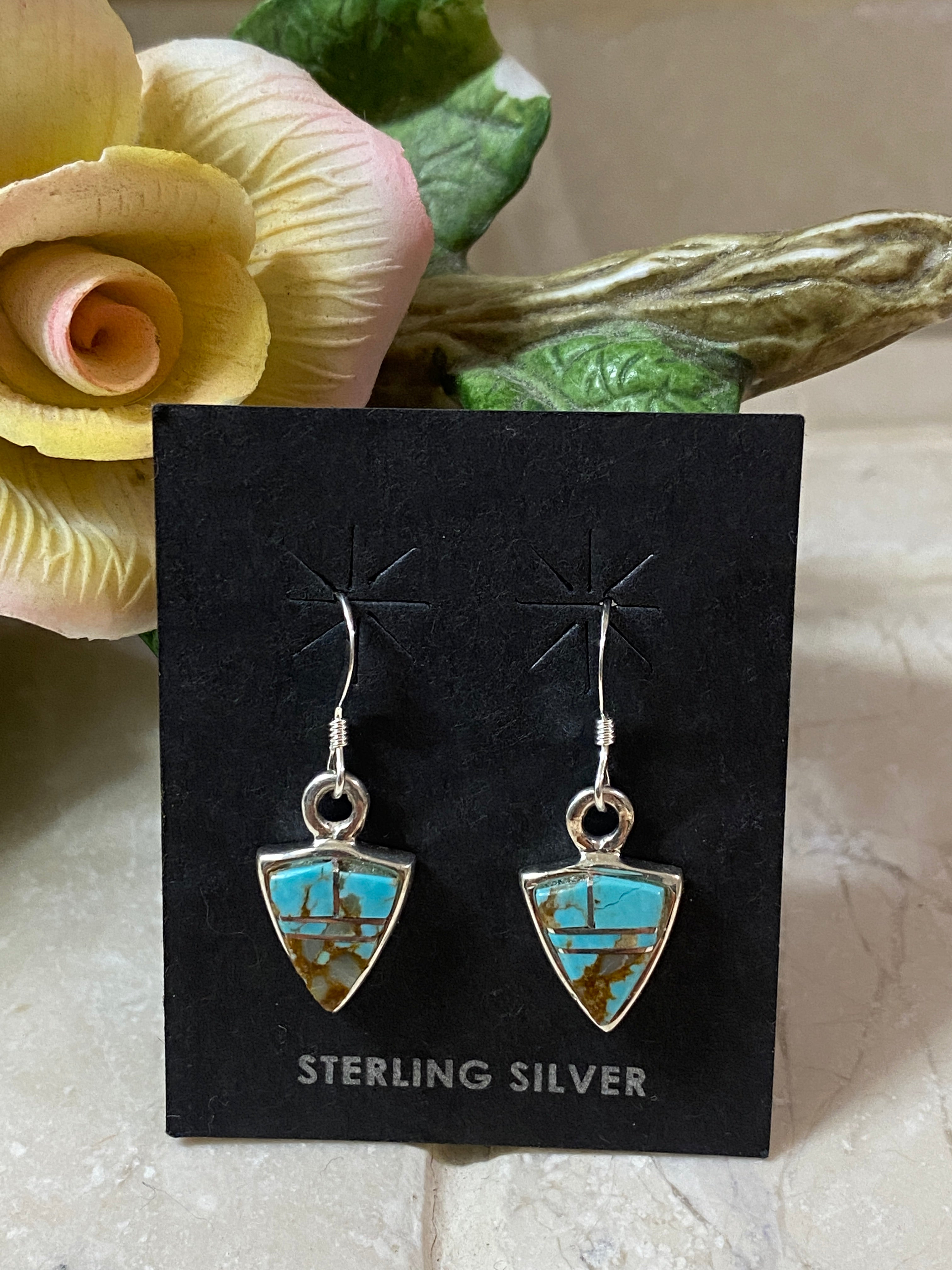 Handcrafted Turquoise 8 & Sterling Silver Petite Triangle Dangle Earrings set 1