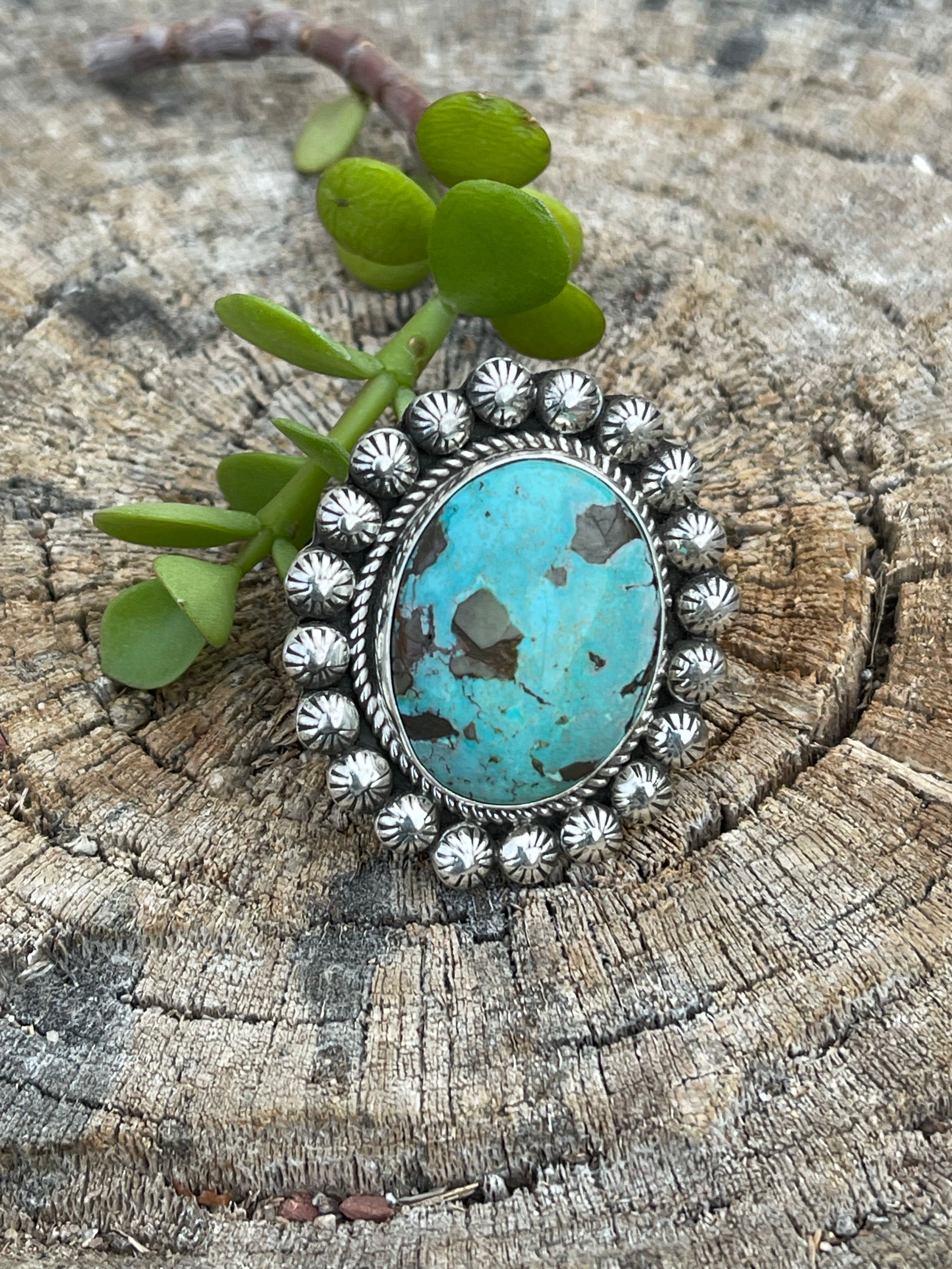 Handcrafted Sterling Silver Turquoise Oval Ring Sz 8