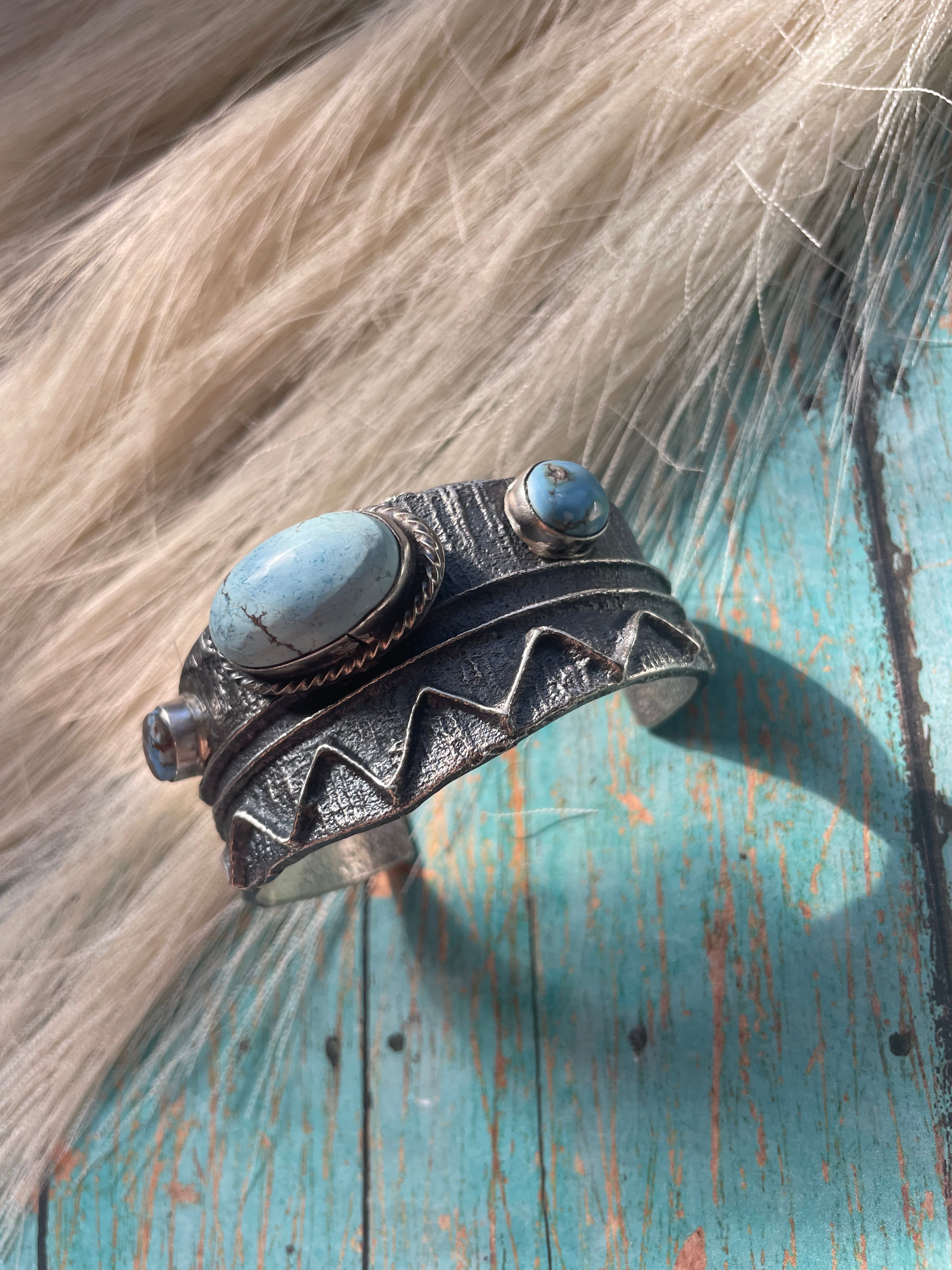 Golden Hills & Sterling Silver Tufa Cast Cuff Bracelet Signed /