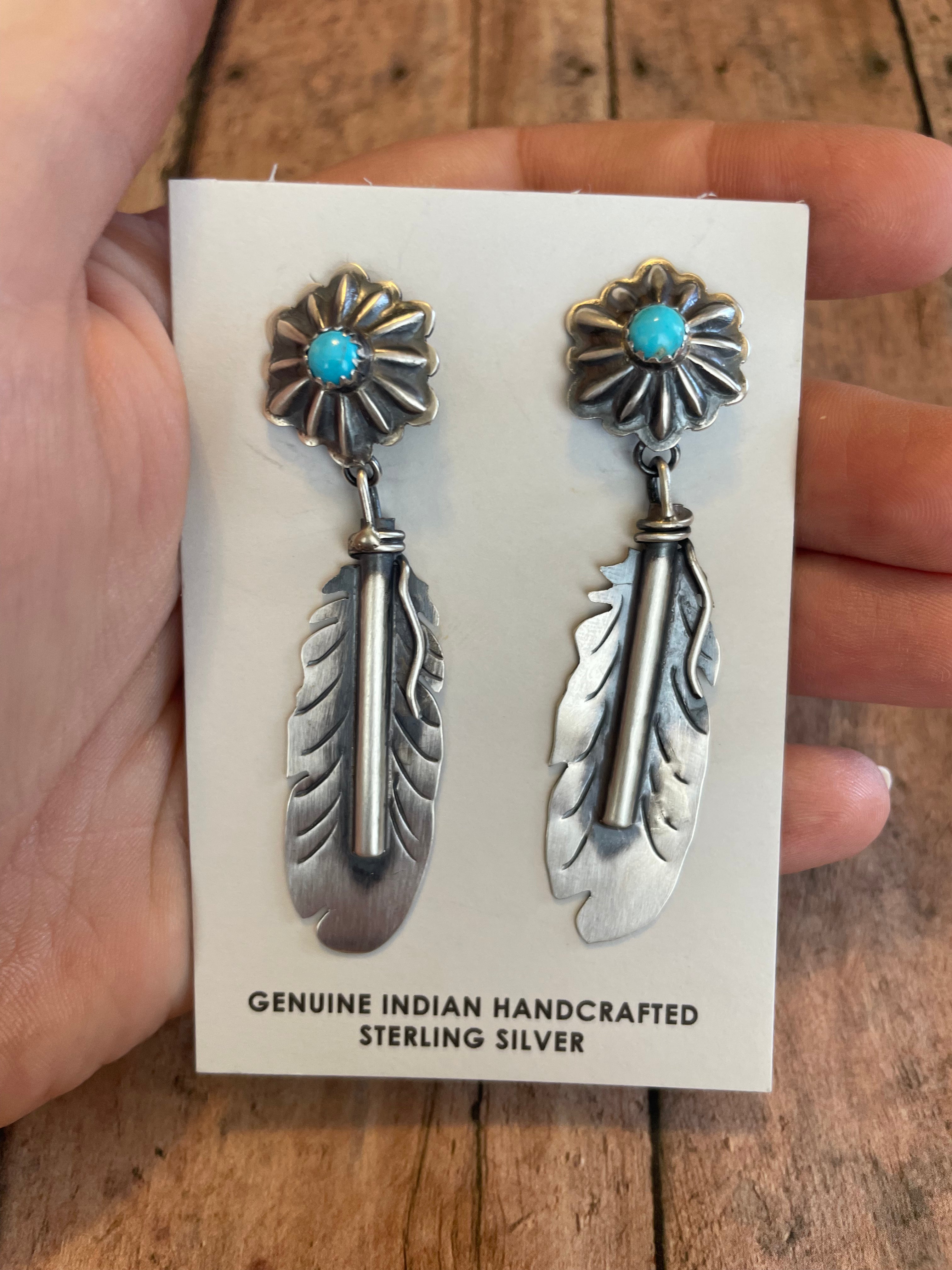 Handcrafted Sterling Silver Turquoise Feather Dangle Earrings