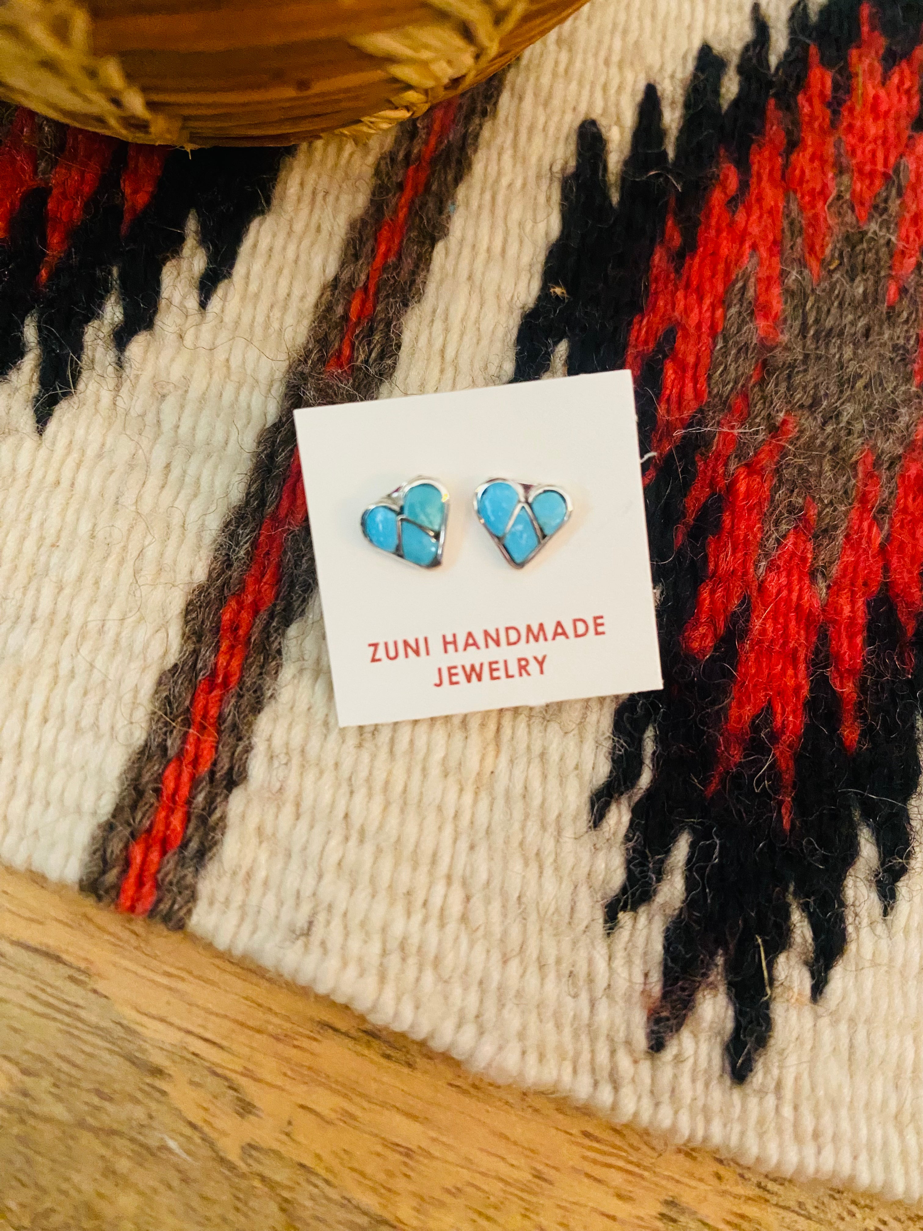 Handcrafted Sterling Silver & Turquoise Inlay Stud Heart Earrings