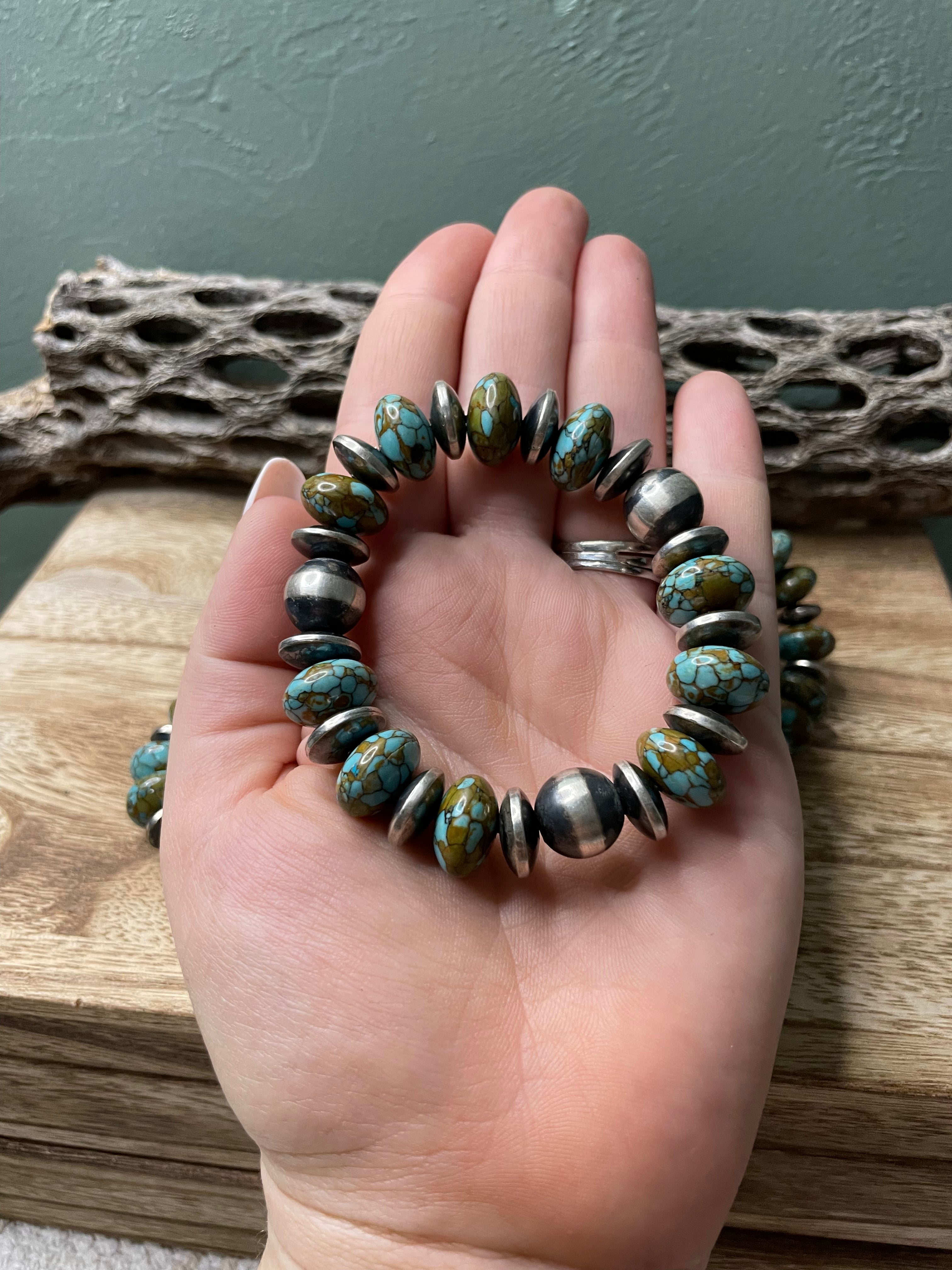 Handcrafted Sterling Silver Stretchy Natural #8 Turquoise Beaded Bracelet 12 mm pearl