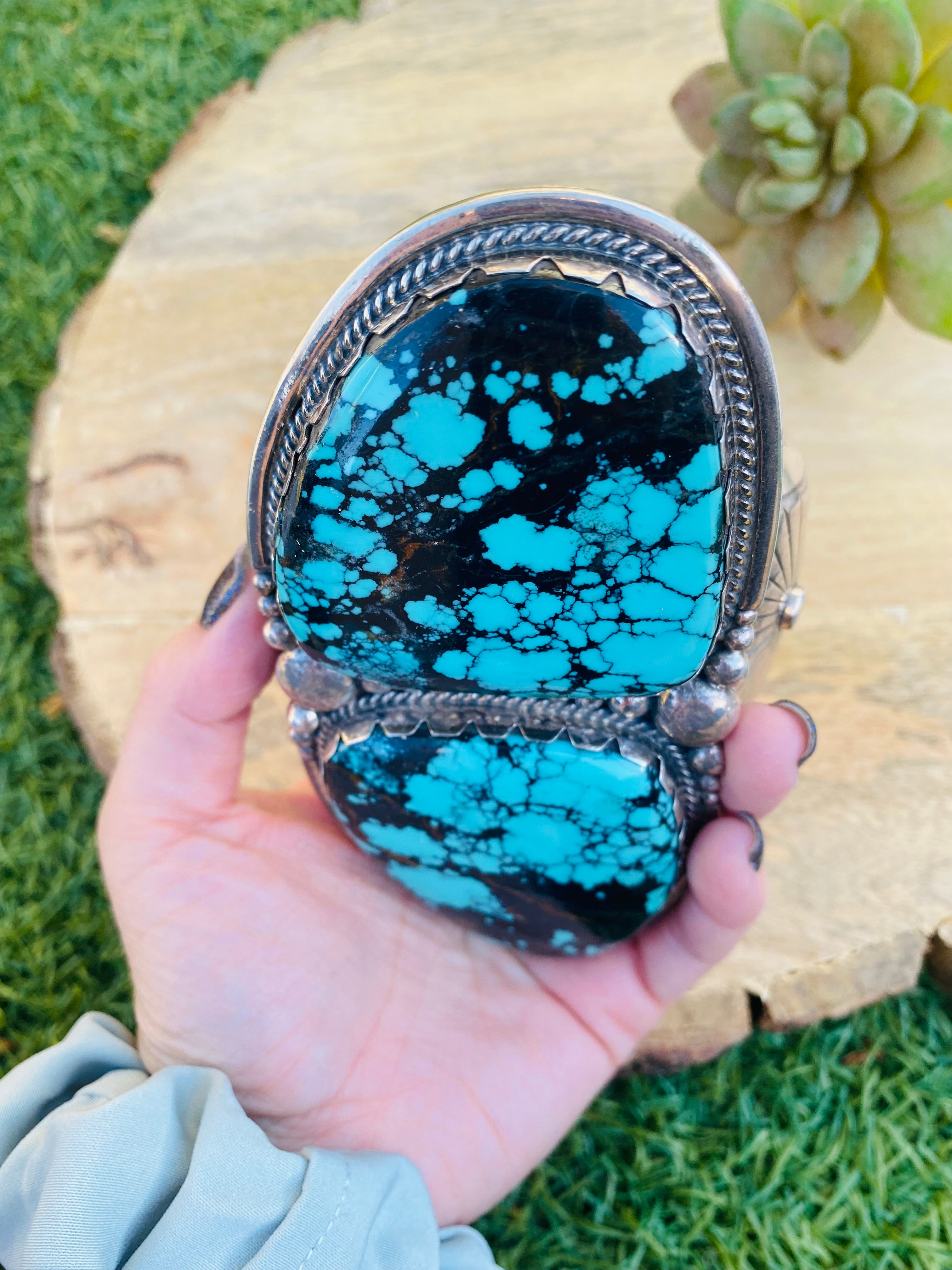 Handcrafted Incredible Vintage Turquoise & Sterling Silver Jumbo Cuff Bracelet /