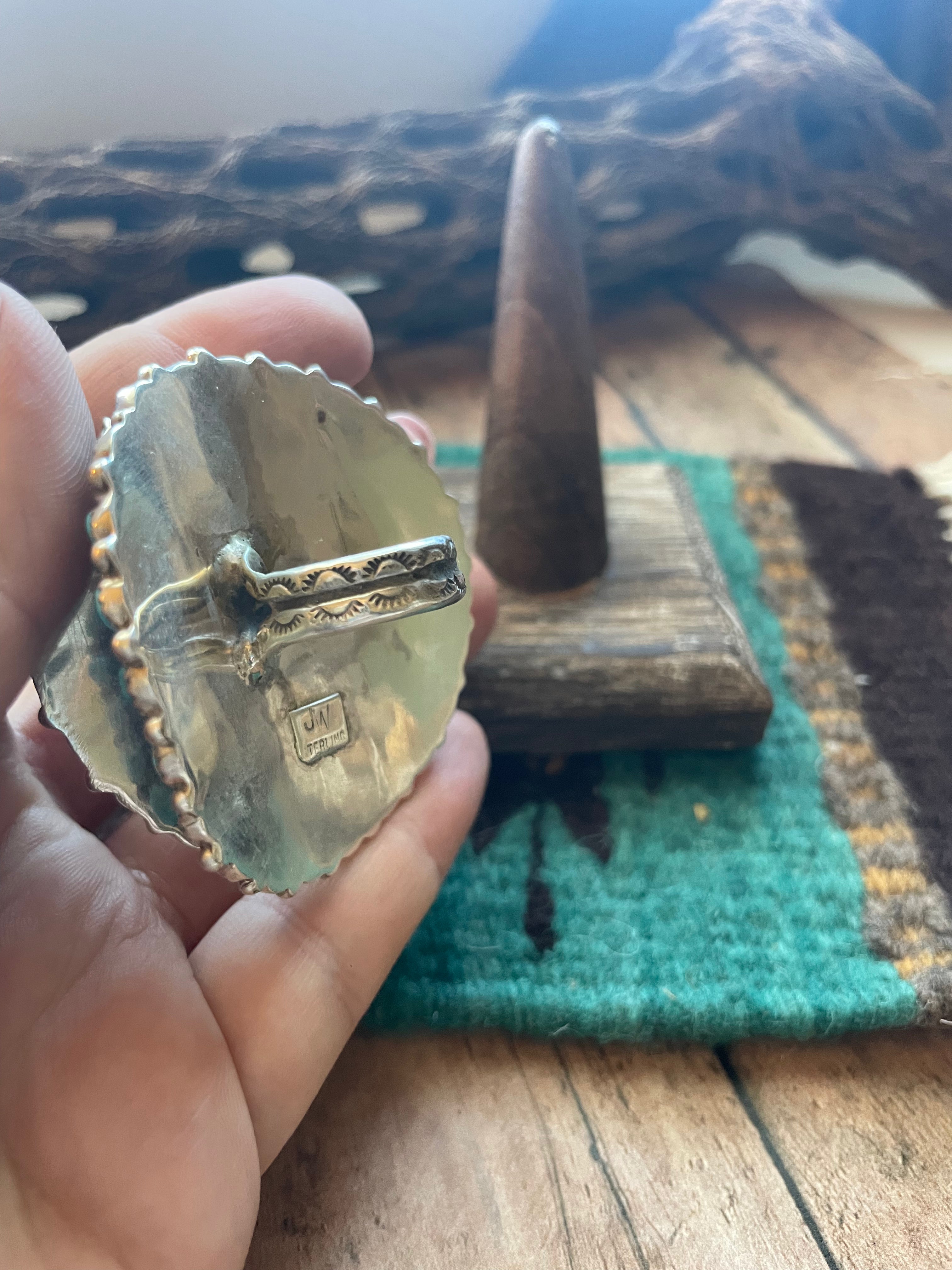 Handcrafted Natural Coral, Kingman Turquoise And Sterling Silver Adjustable Butterfly Ring Signed Janie Wilson