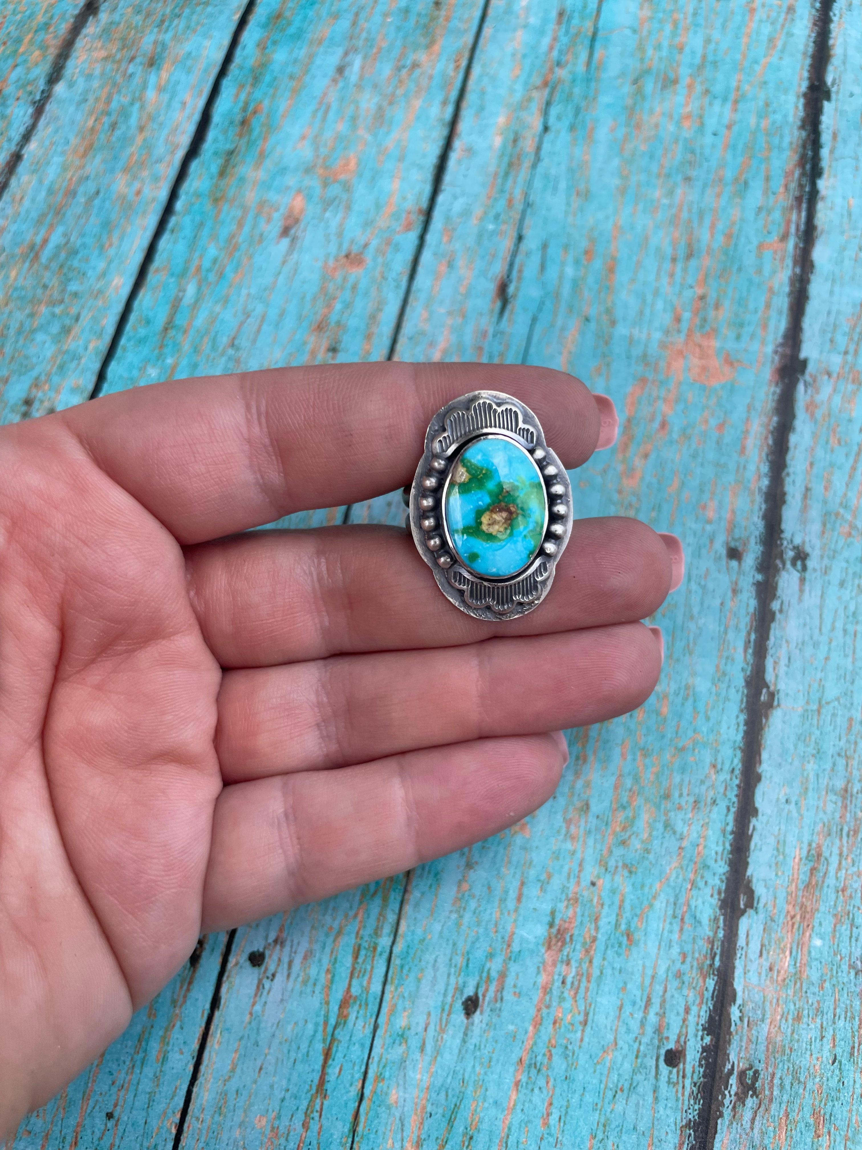 Navajo Sonoran Mountain Turquoise And Sterling Silver Statement Ring Size 9