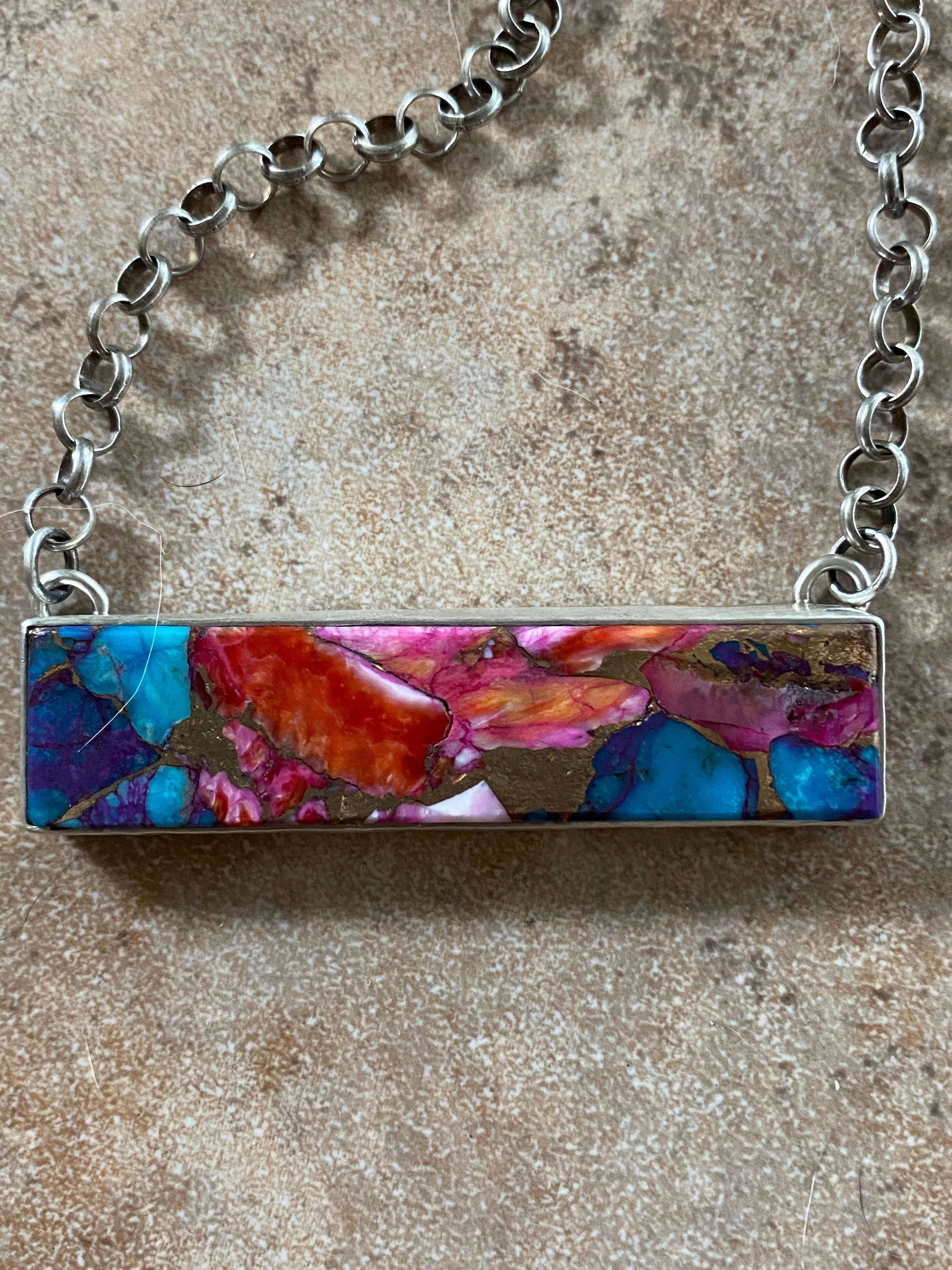 Handcrafted Sterling Silver & Pink Dream Mohave Bar Necklace Signed