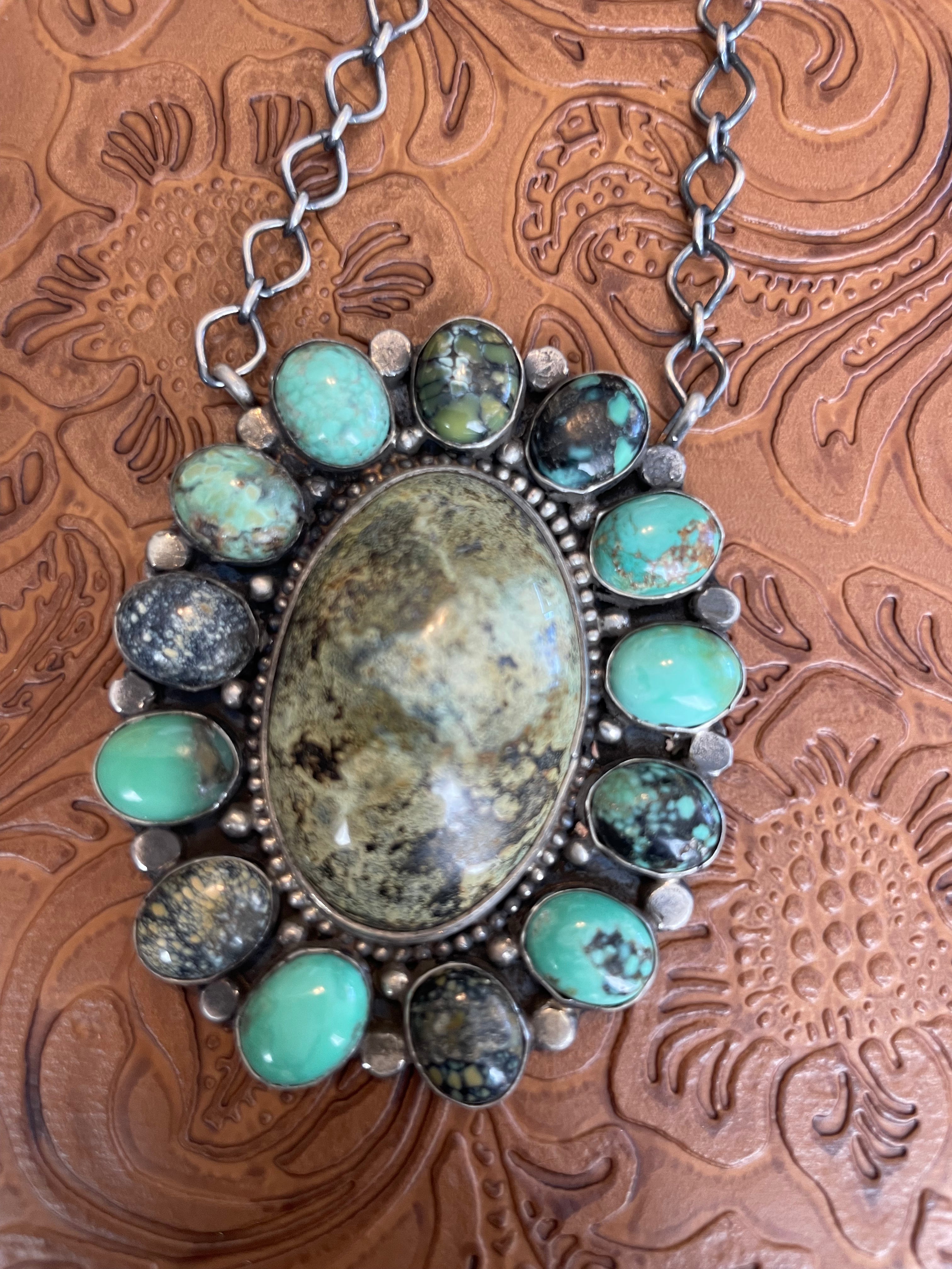 Navajo Royston & Carico Lake Turquoise Sterling Silver Cluster Necklace by Sheila Becenti
