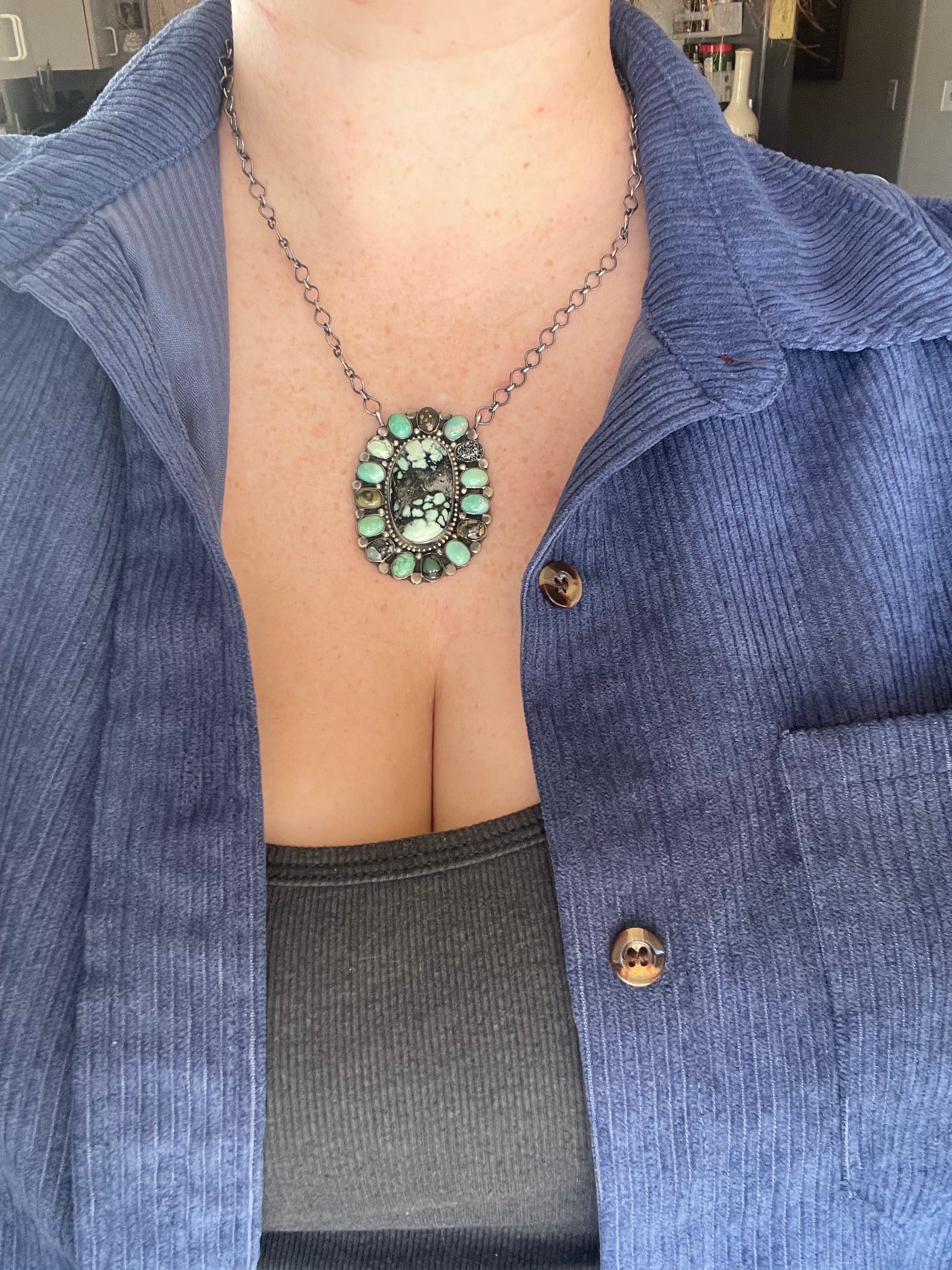 Navajo Royston & Carico Turquoise Sterling Silver Cluster Necklace by Sheila Becenti