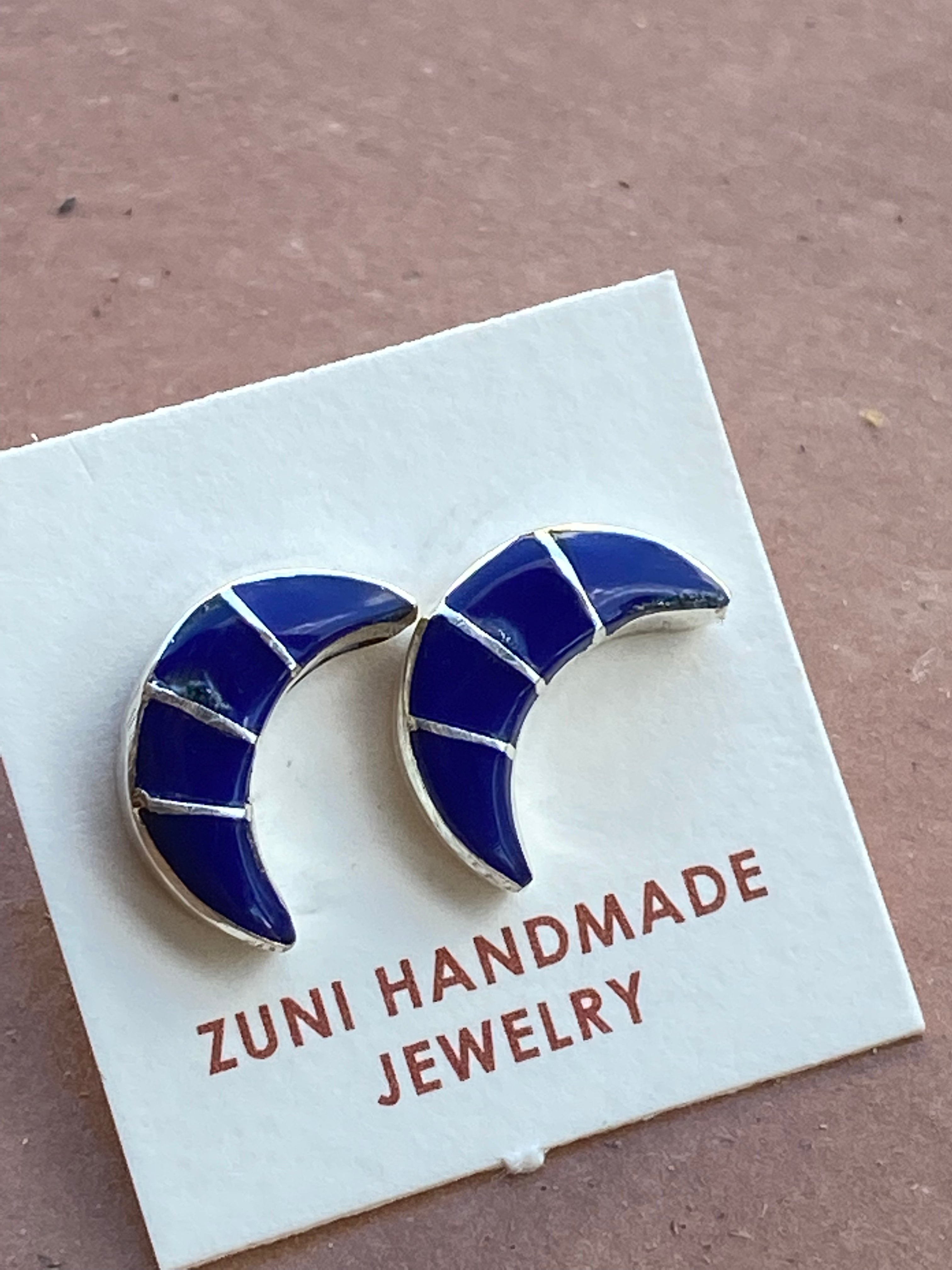 Handcrafted Sterling Silver & Lapis Inlay Moon Stud Earrings