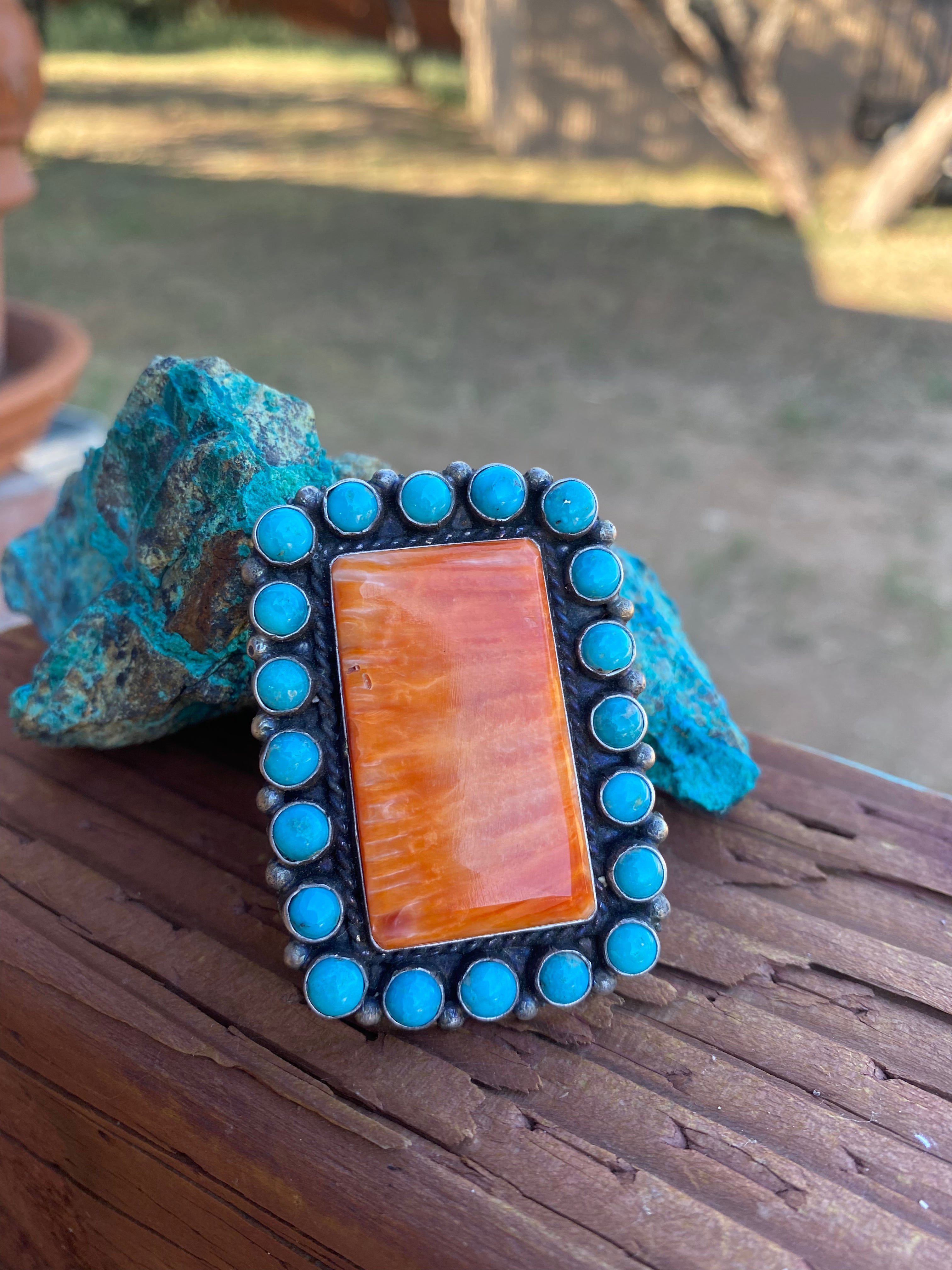 Navajo Cluster Turquoise Spiny Oyster Sterling Silver Ring Sz 8