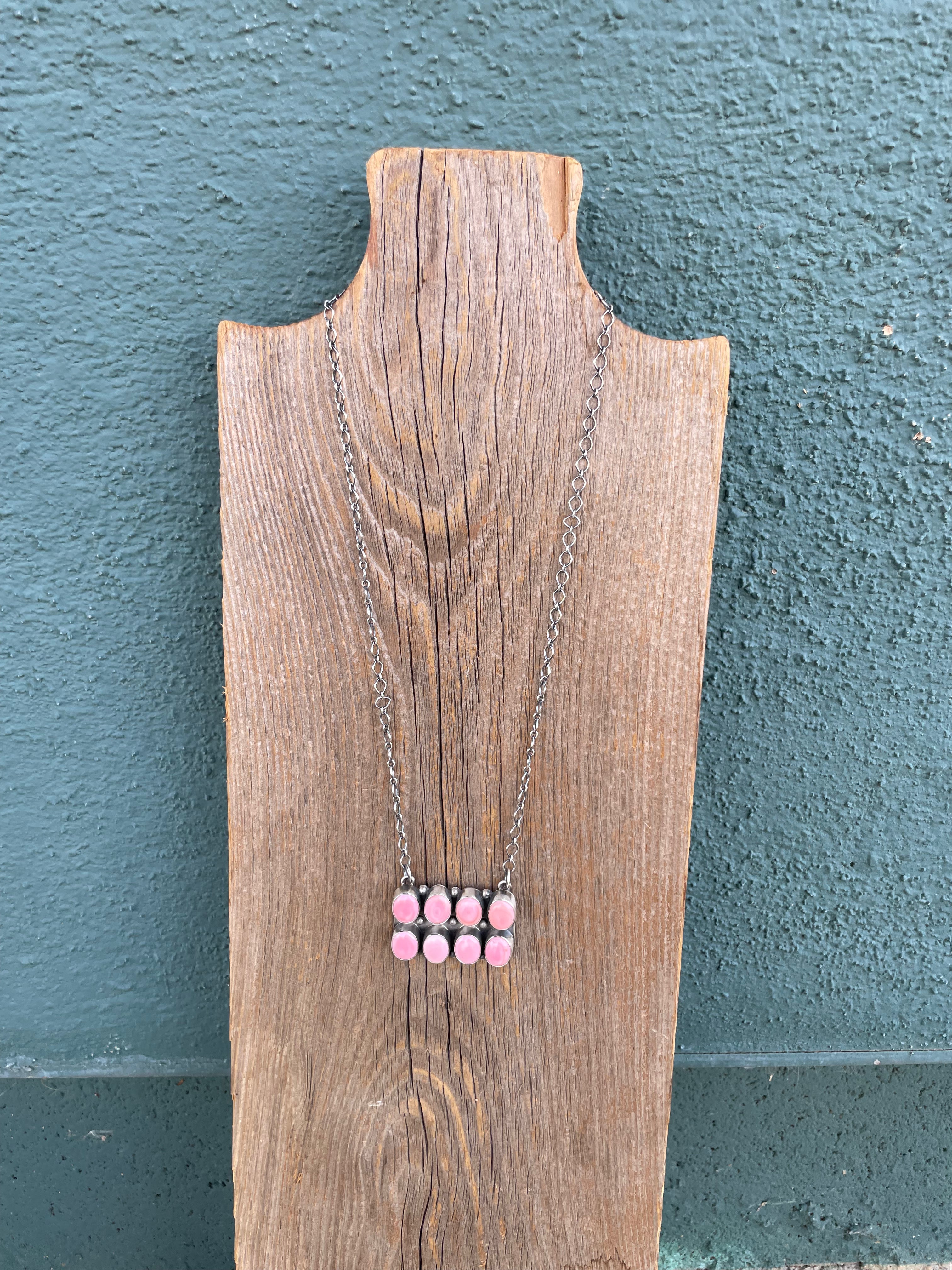 8 Stone Queen Pink Conch Shell And Sterling Silver Necklace Signed