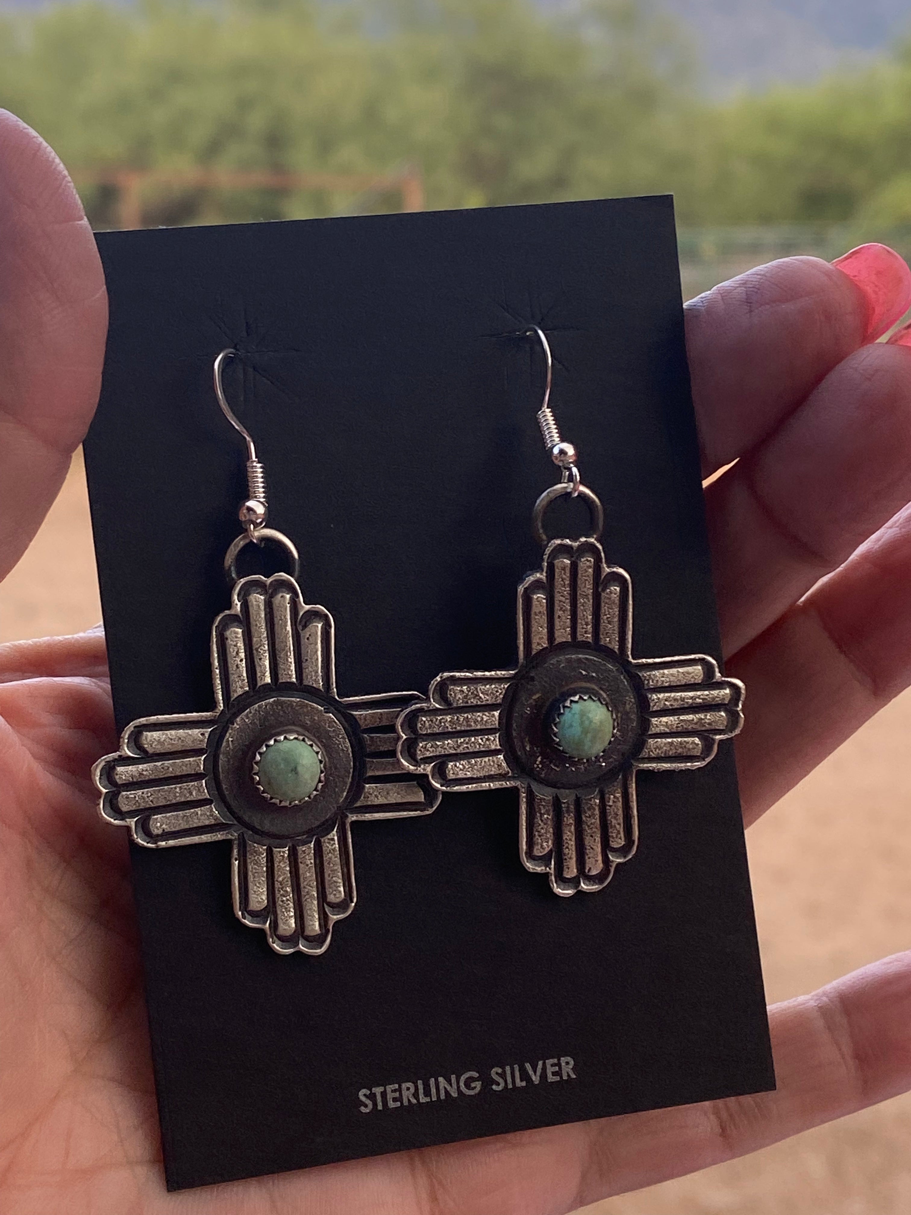 Handcrafted Turquoise & Sterling Silver Zia Dangle Earrings By Kevin Billah