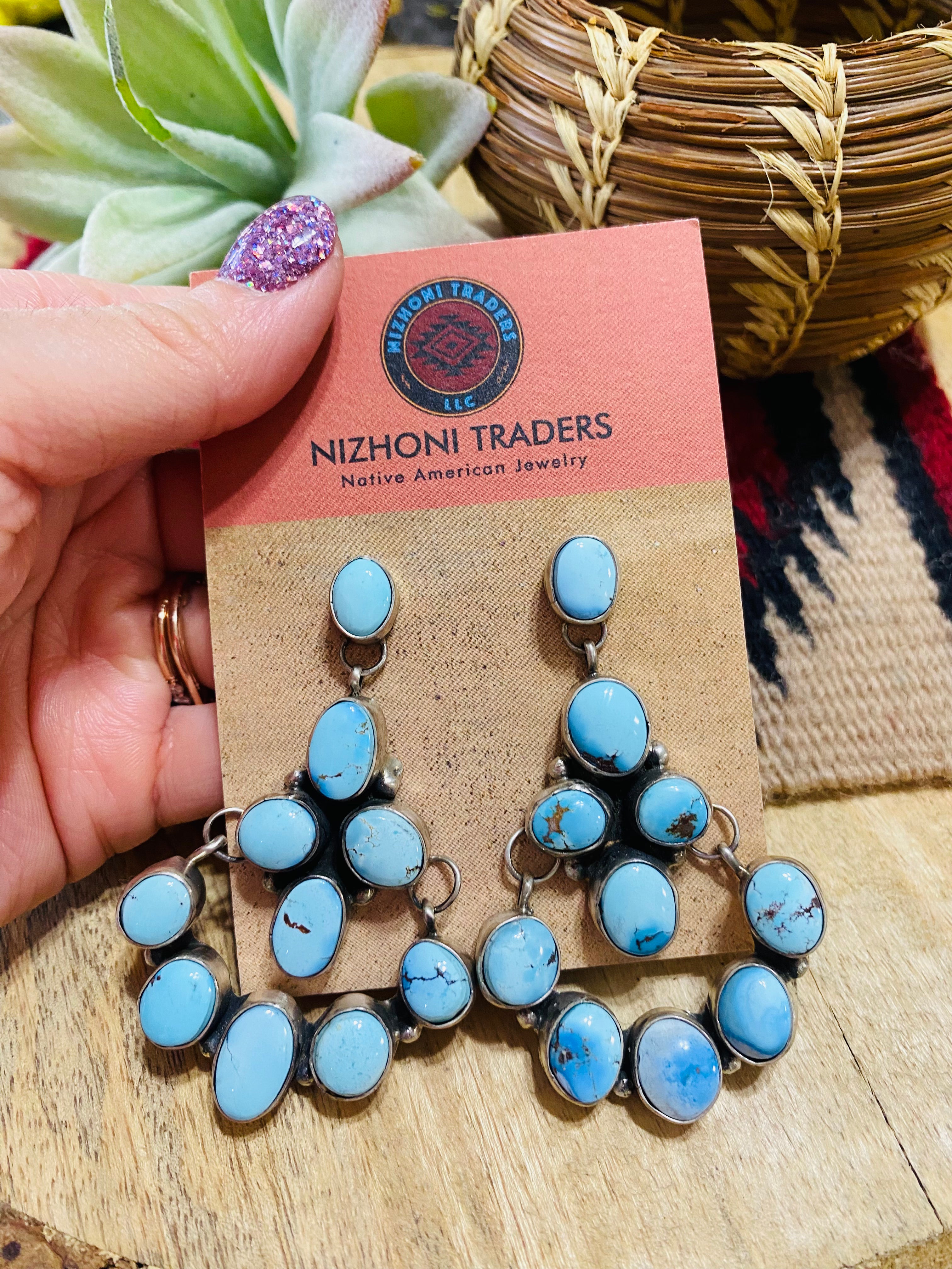 Navajo Golden Hills Turquoise & Sterling Silver Cluster Dangle Earrings