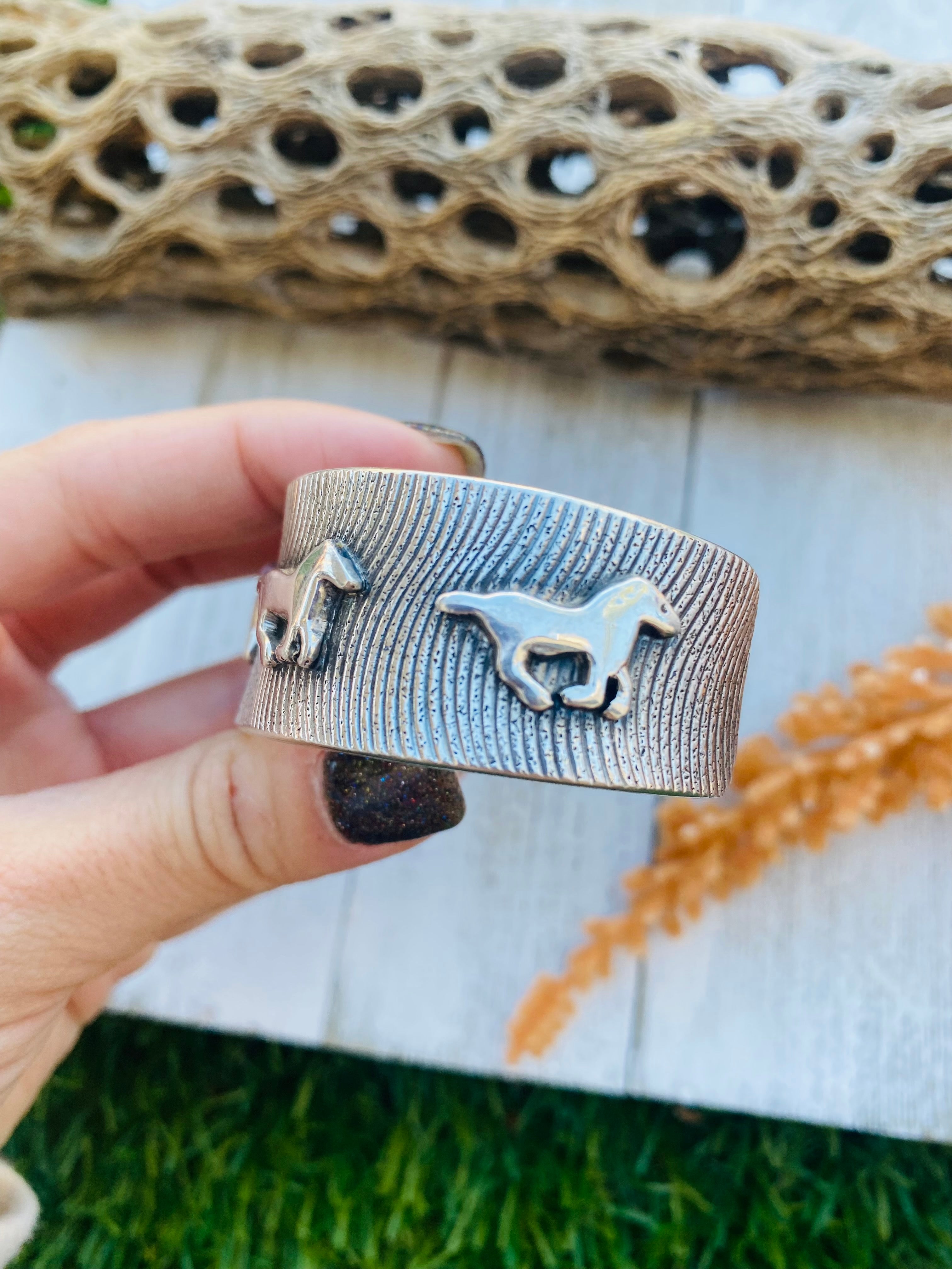 Handcrafted Sterling Silver Horses Cuff Signed
