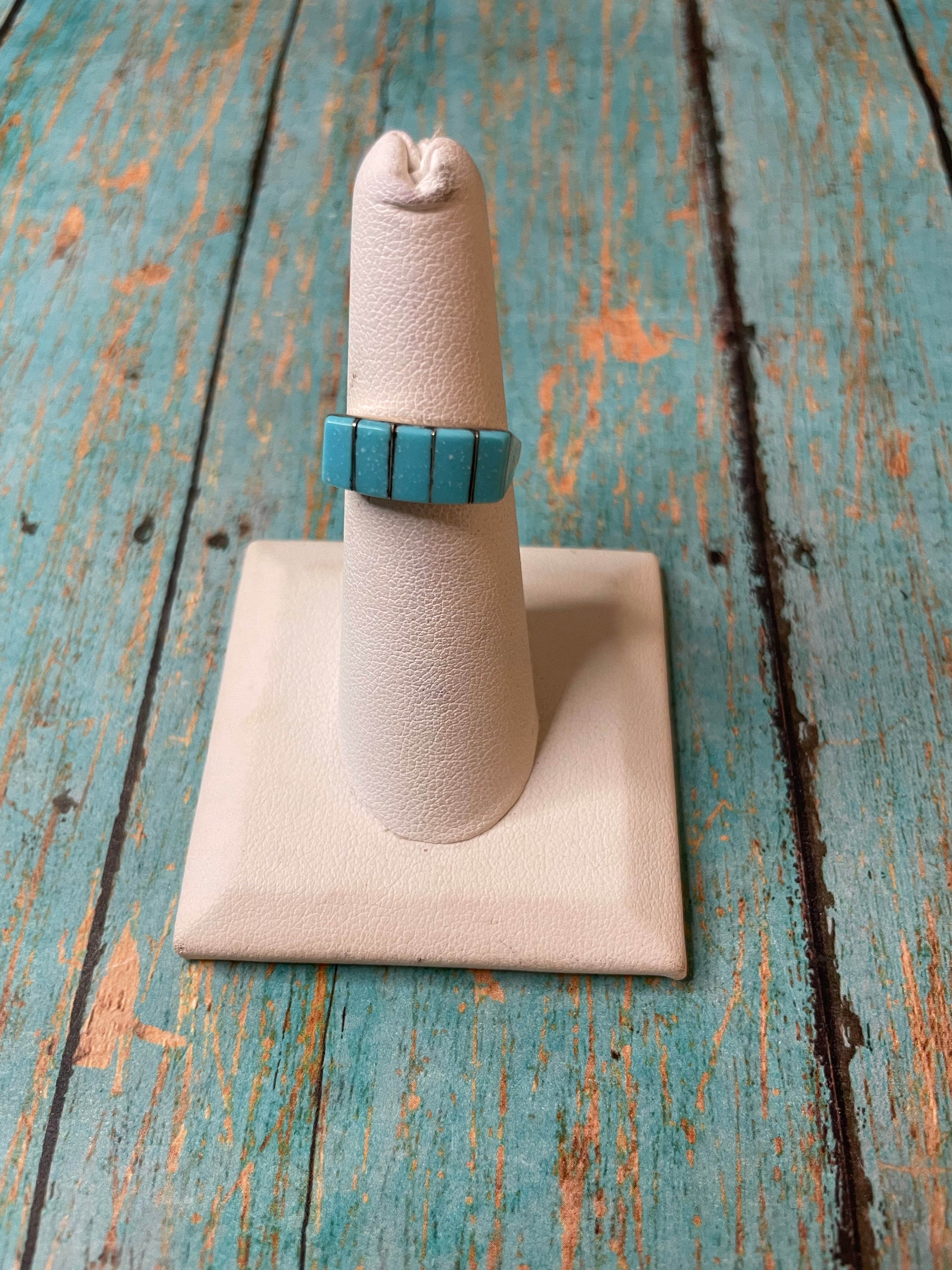 Handcrafted 5 Stone Inlay Turquoise & Sterling Silver Ring Signed