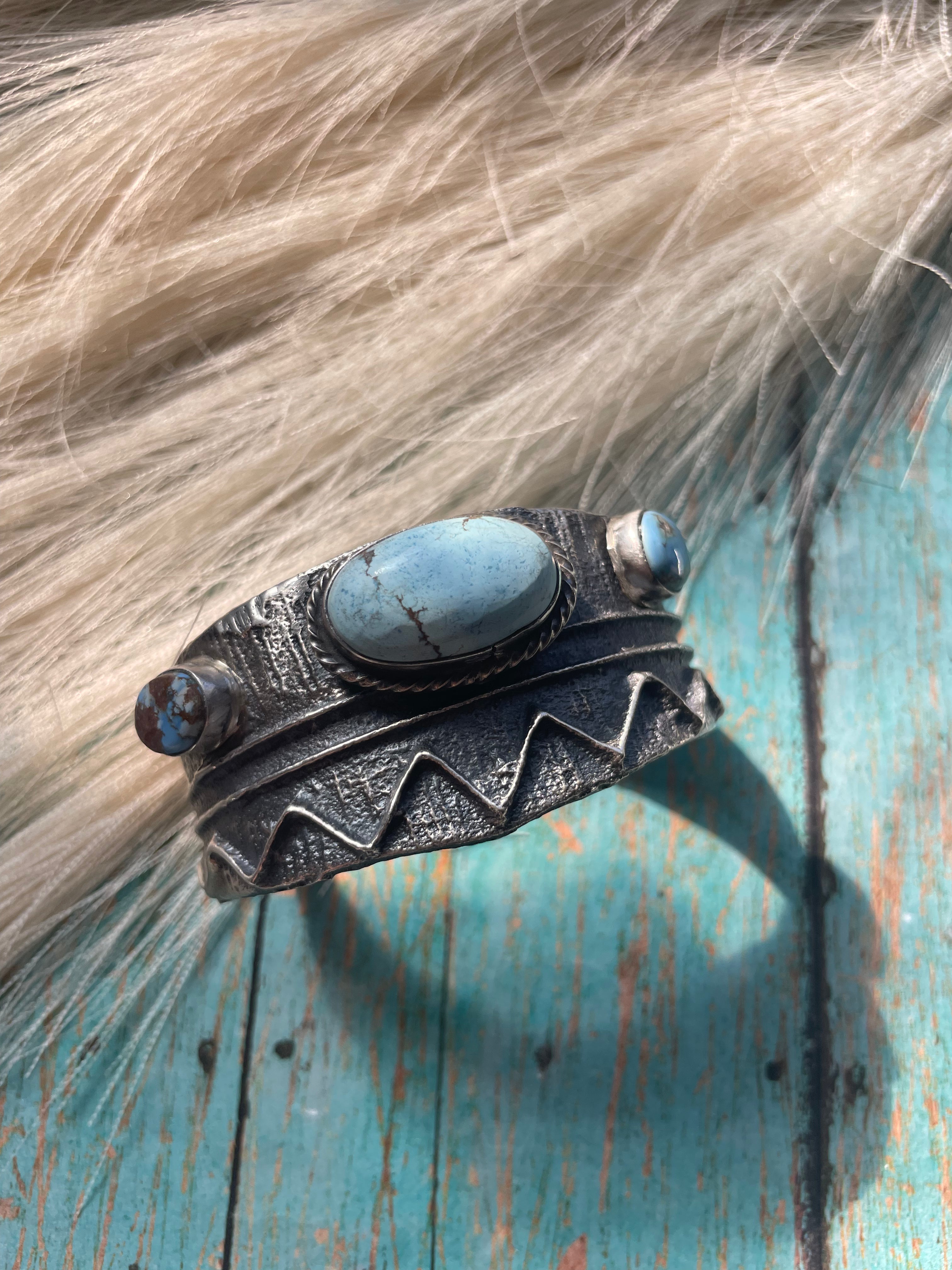 Golden Hills & Sterling Silver Tufa Cast Cuff Bracelet Signed /